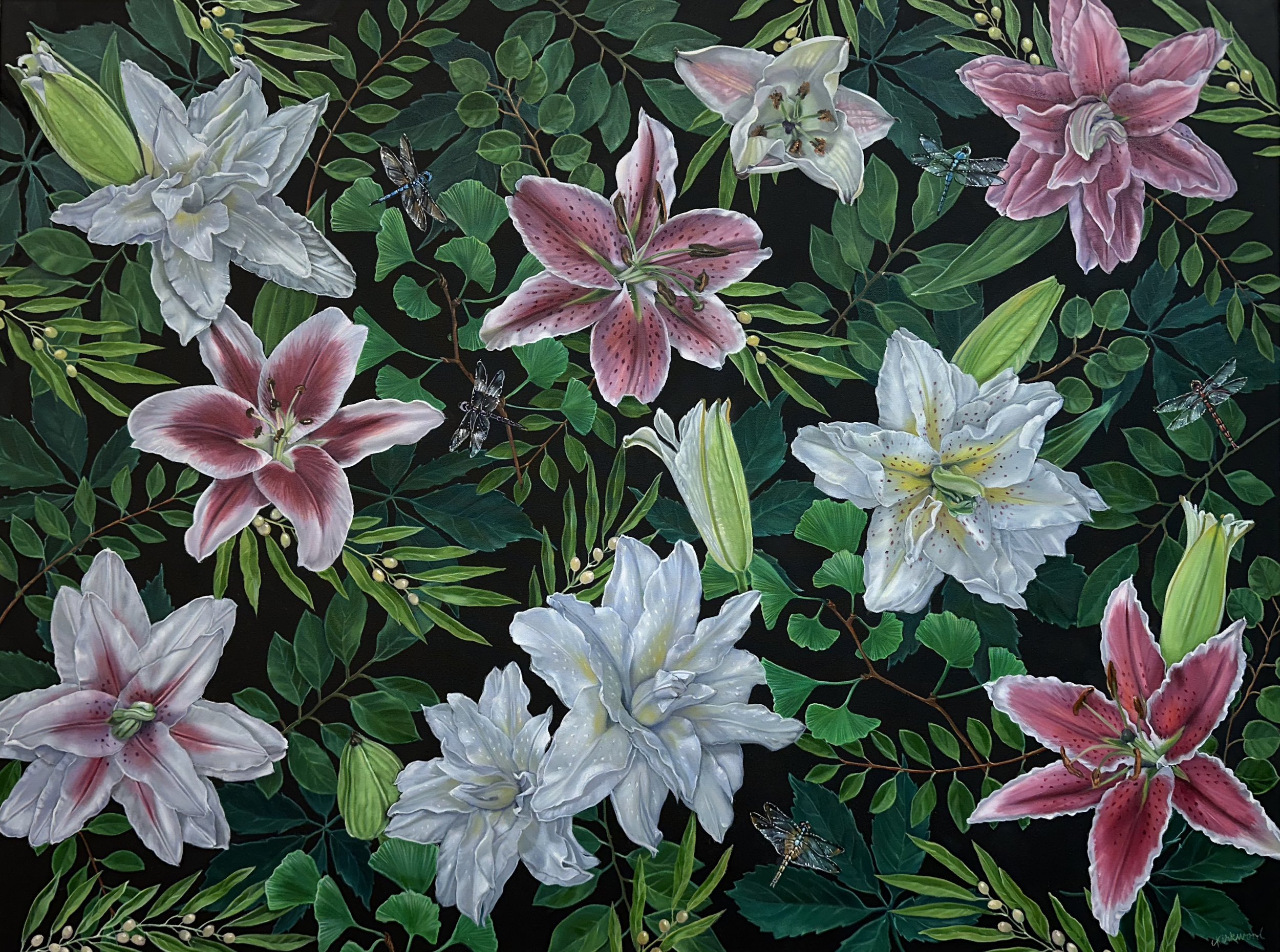 "Lilies Plus" acrylic & oil on canvas, 36" x 48"