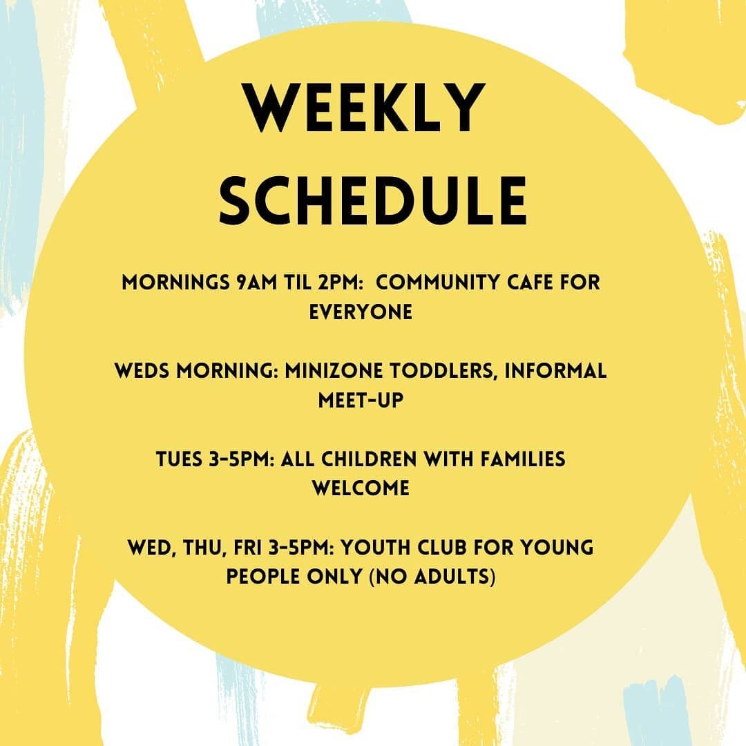 This is our current weekly schedule. We can only operate outside at the minute and really appreciate everyone's support. Tuesday after school we welcome all children and families. Wednesday's, Thursdays and Fridays we have youth club for young people