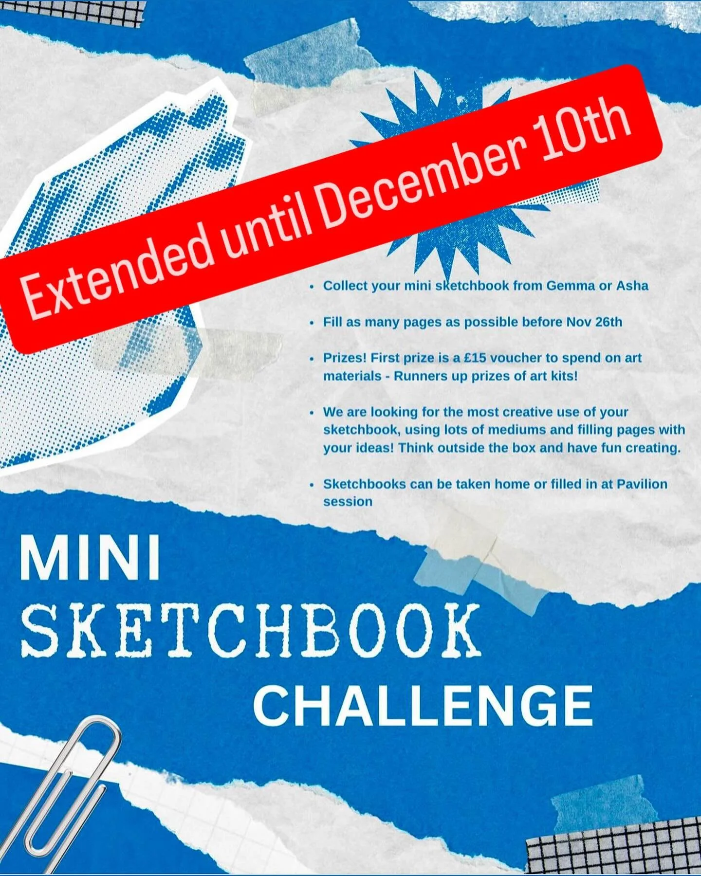 Extended by two weeks! Bring in your sketchbooks today to fill some more pages and try some creative techniques with Gem and Asha!