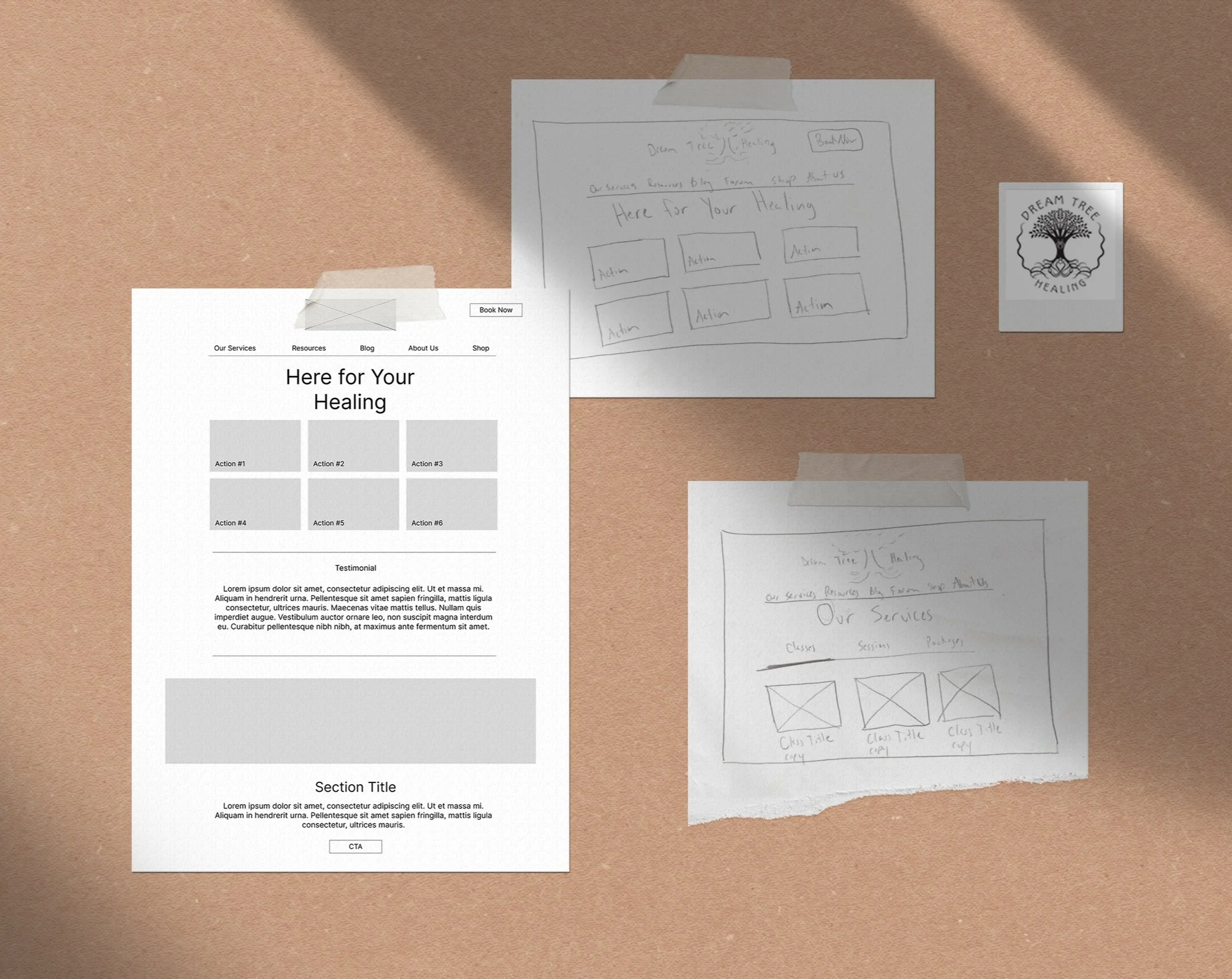 Mockup of the some of the sketches and wireframes I created in the process of designing the Dream Tree Healing website. From left to right you can see a wireframe of the home page, a sketch of the homepage, a sketch of the our services page.