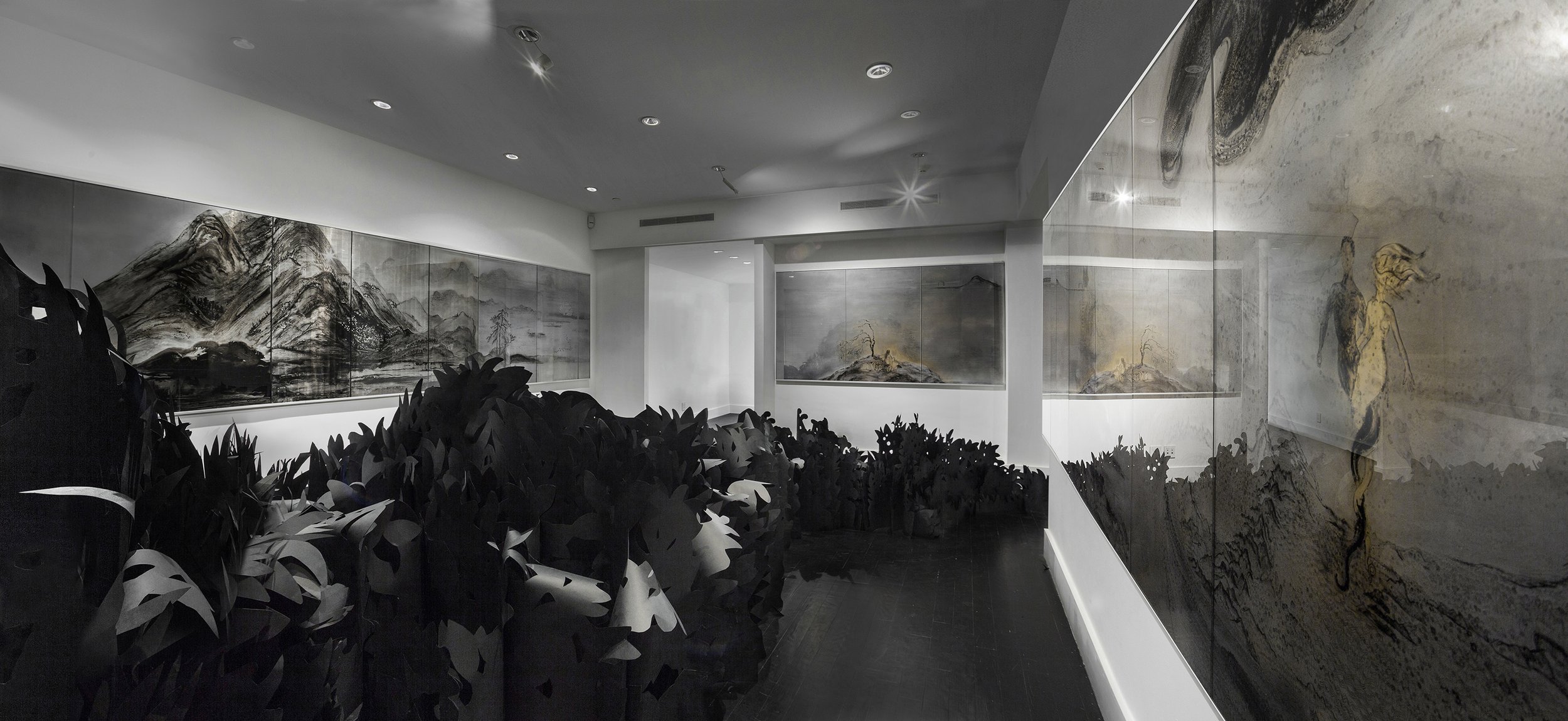 "Eight Views of Paradise Interrupted Ink," Paint, acrylic panels, hand-cut Japanese paper garden. Sandra Gering Inc., New York, NY, 2017. Photo courtesy of artist studio