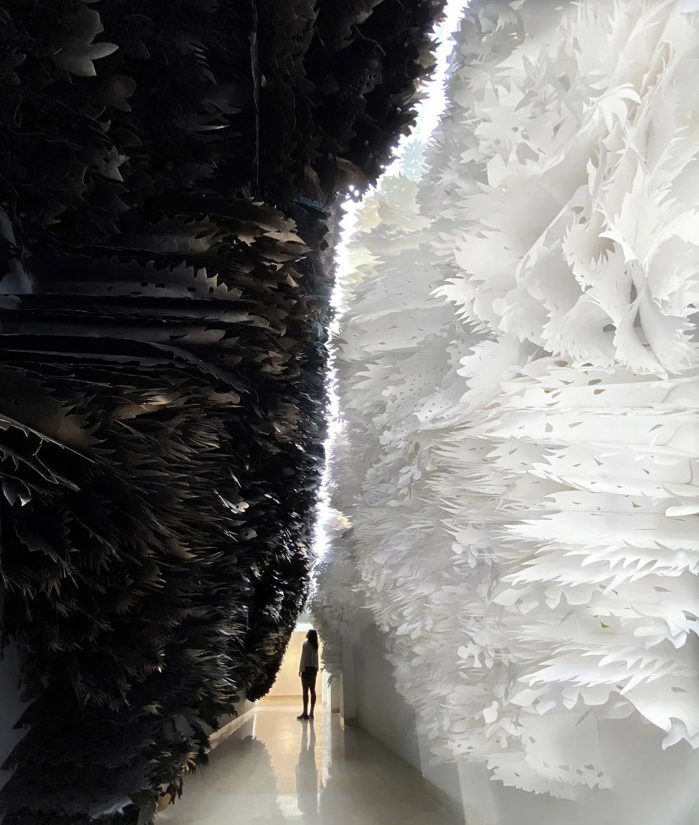 "Threading the Sky," Laser-cut flashspun non-woven HDPE and pigments. He Xiangning Art Museum, Shenzhen, China, 2022. Photo courtesy of artist studio.