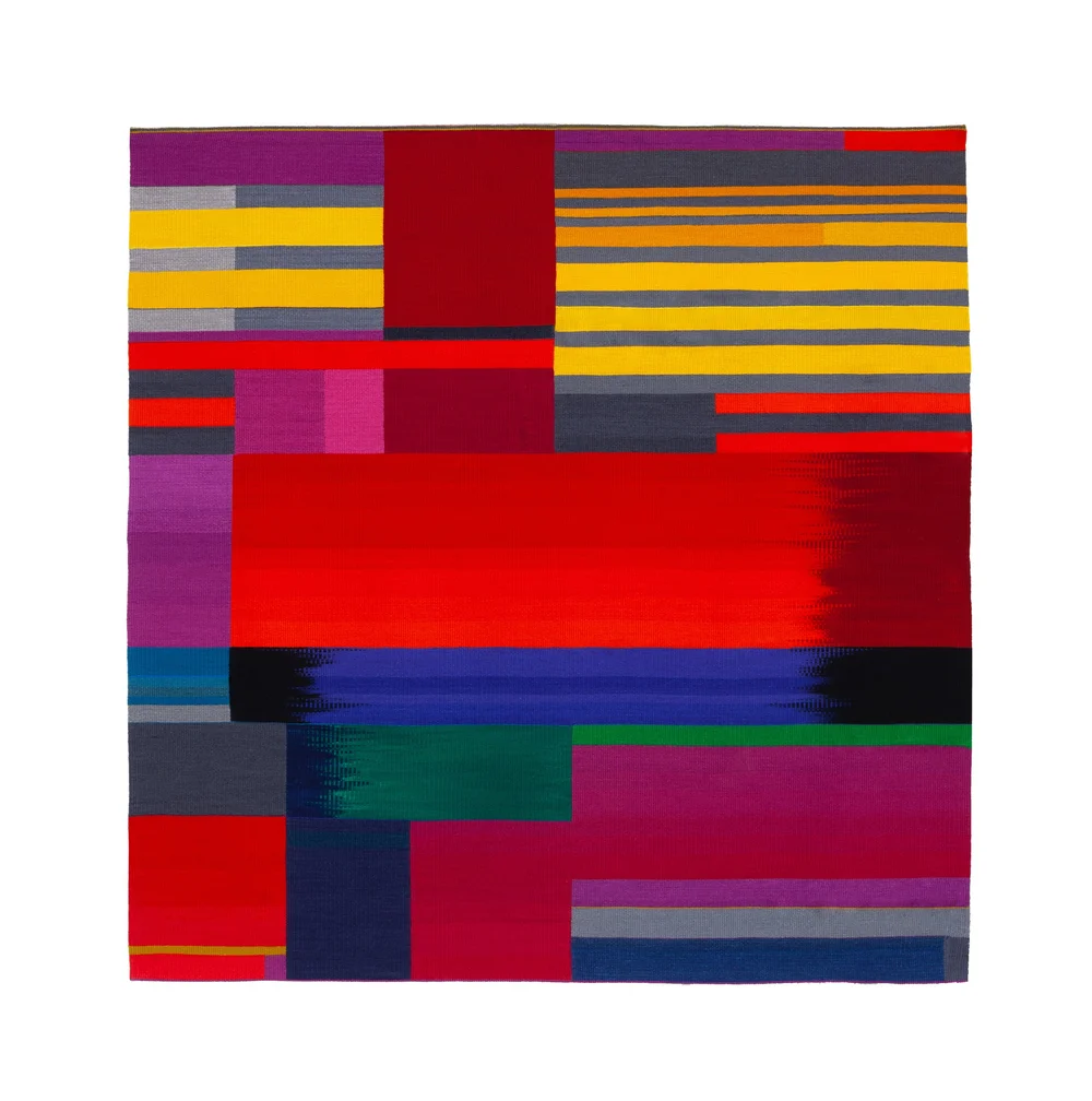 Field Guide Study #1: Yellow Sedges, North, 90” x 90”, weft-face ikat tapestry, ikat wrapped, dyed, &amp; handwoven wool on linen warp, 2022.