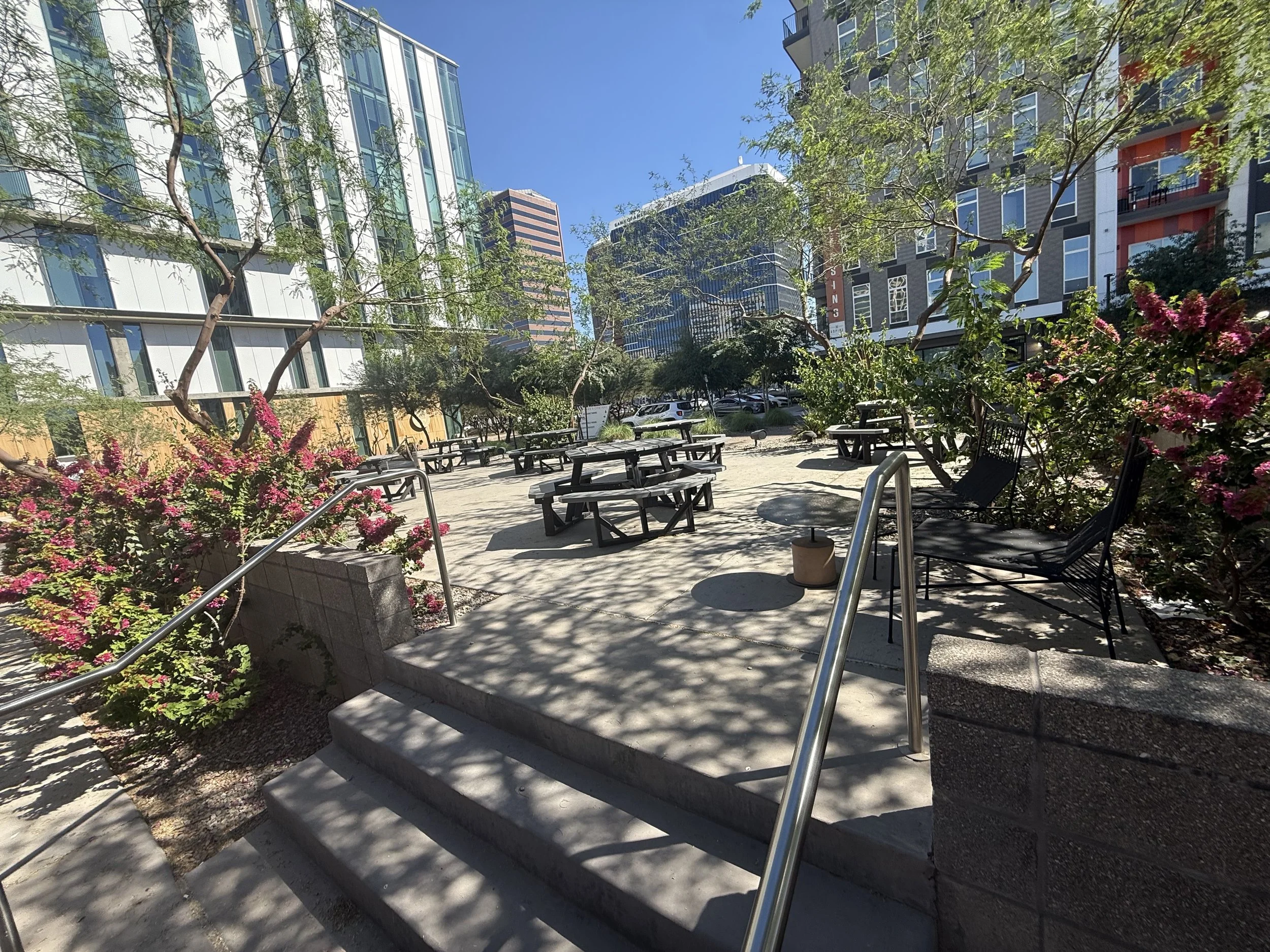 Part of the outdoor event space at Park Central in Phoenix, Arizona, where the Phoenix Arcadia Rotary Club hosts its annual poker tournament at The Green Woodpecker venue