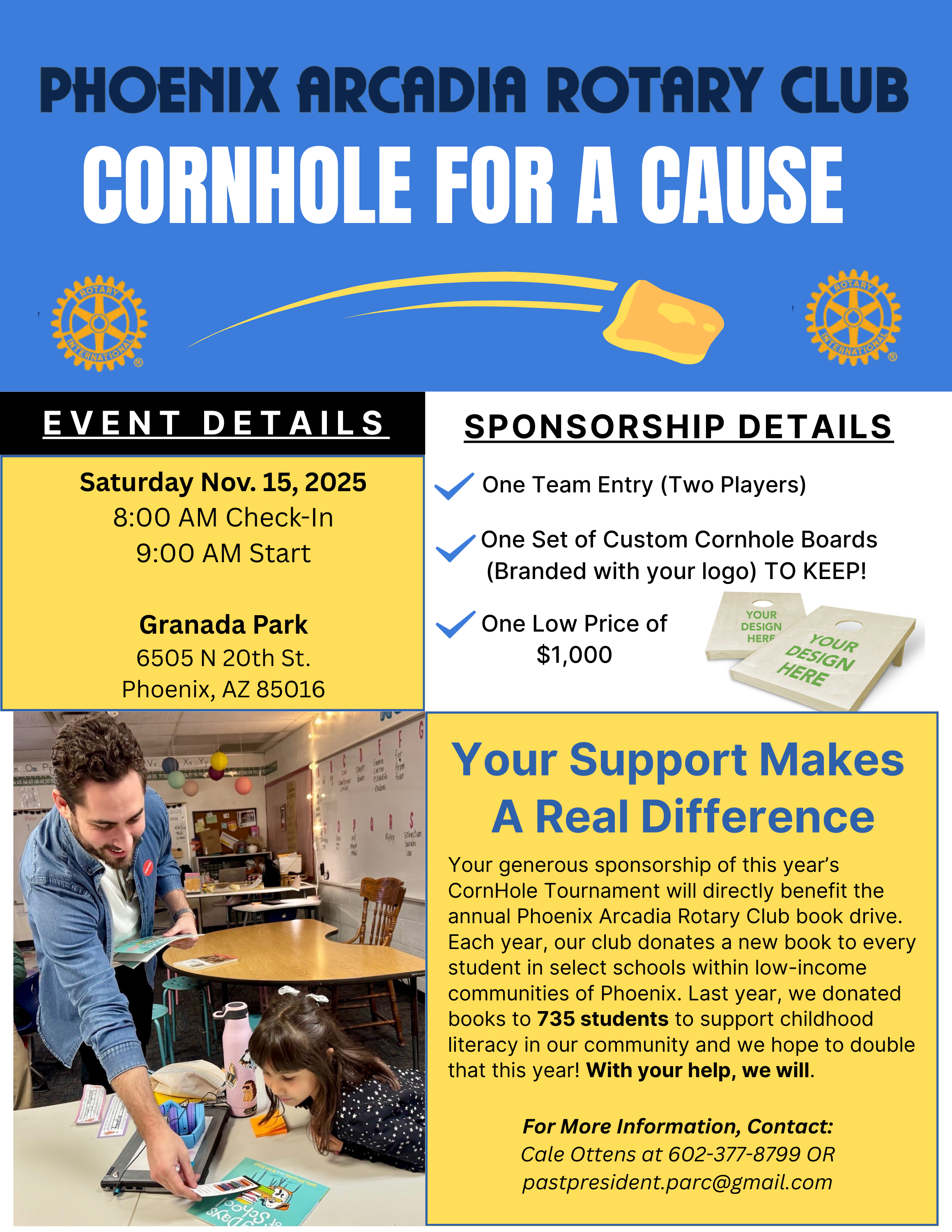 Flyer for Phoenix Arcadia Rotary Club's Cornhole for a Cause event, featuring event details, sponsorship information, and a photo of a man and a young girl playing a game at a community event.
