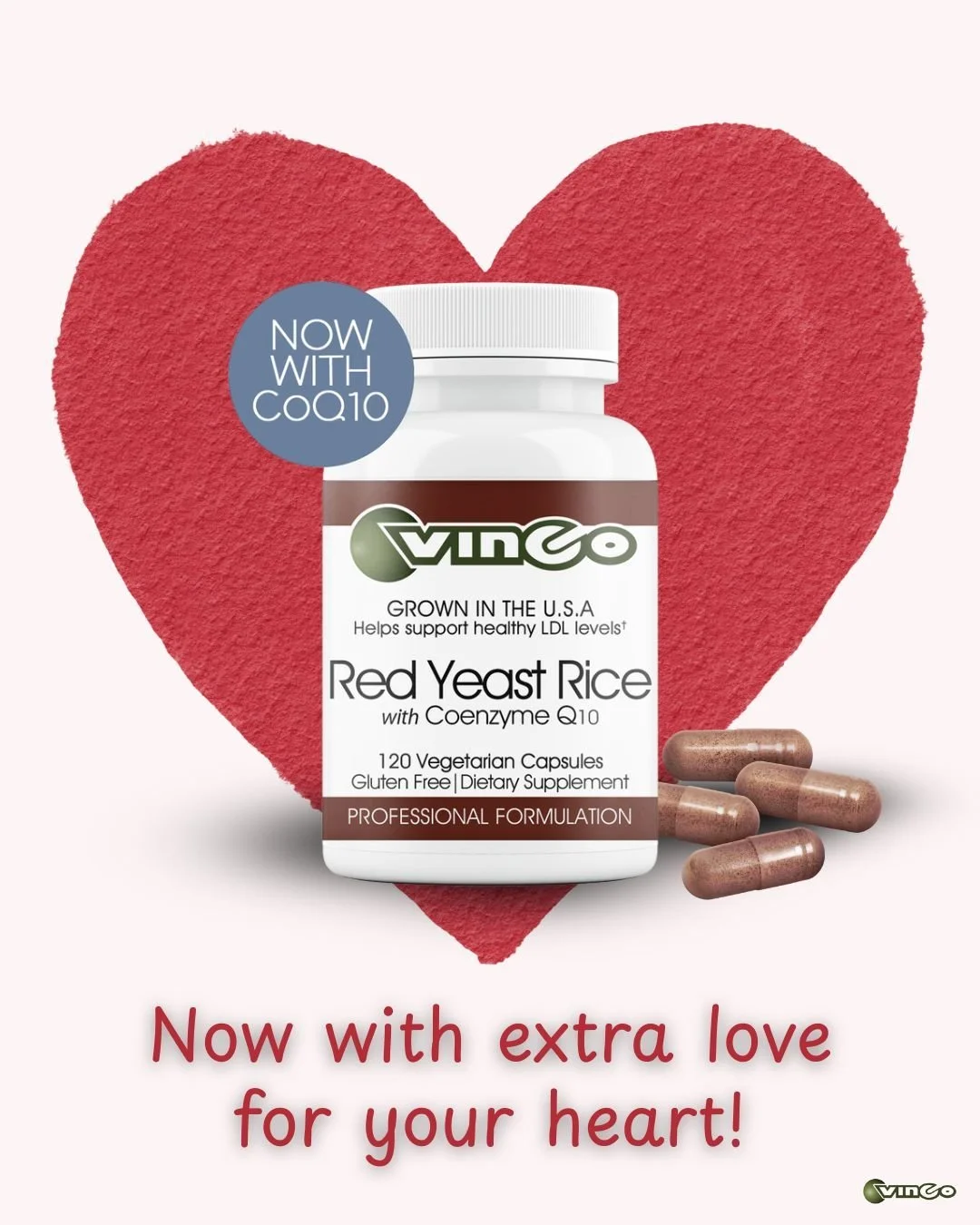 Meet the "power couple" of cardiovascular health! Red Yeast Rice and CoQ10.

Vinco&rsquo;s formula targets heart health from two angles:

The Manager: Red Yeast Rice contains Monacolin K, a natural compound that helps manage LDL ("bad&