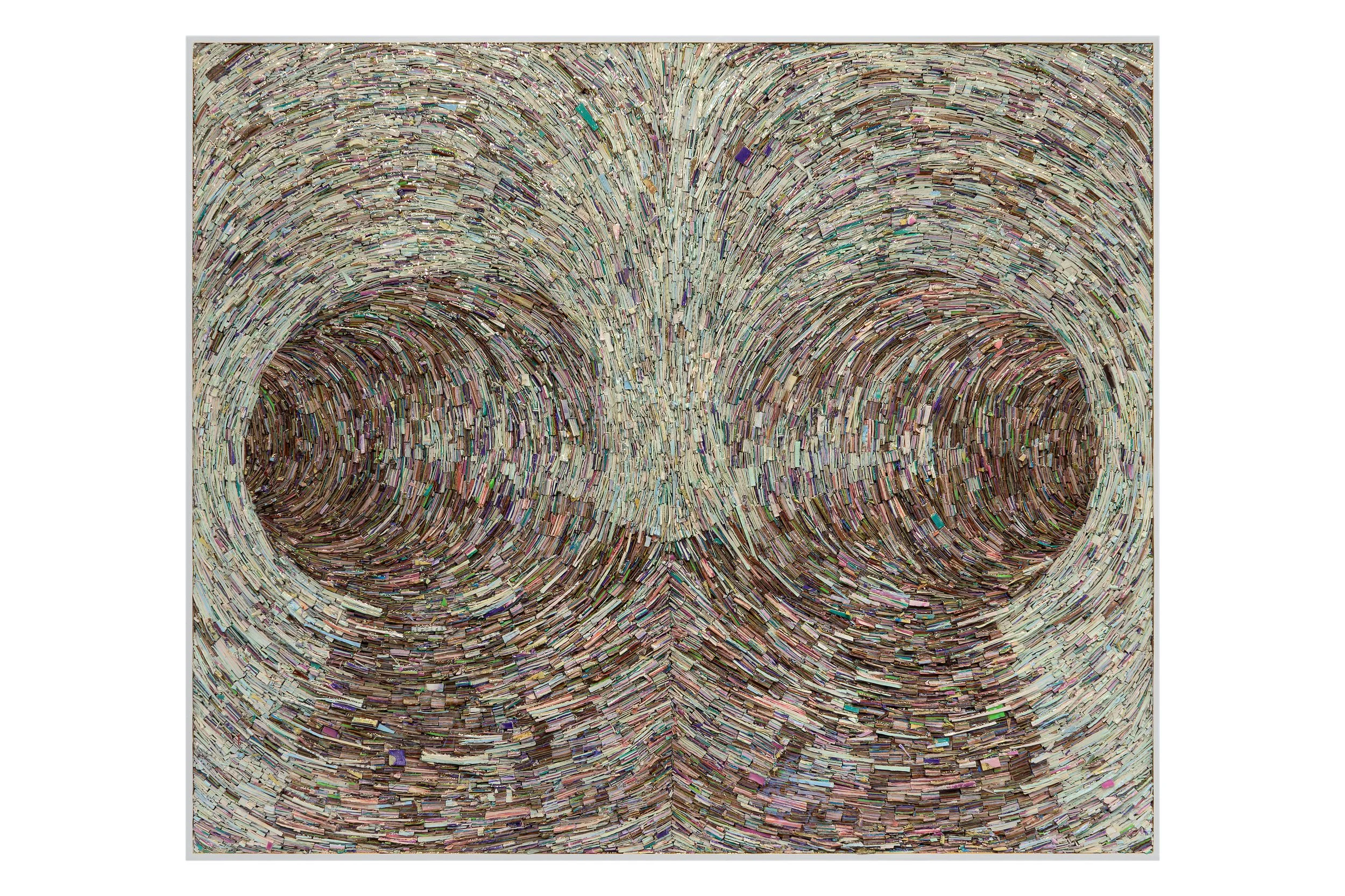 Subterranean Shower Excavation: Forgotten Thoughts Fermenting in the Corners. Relief painting. Soap, self-help
book paper, epoxy resin. 32” X 29”. 2025.