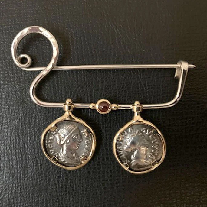 14k white and yellow gold with Roman coins and garnet