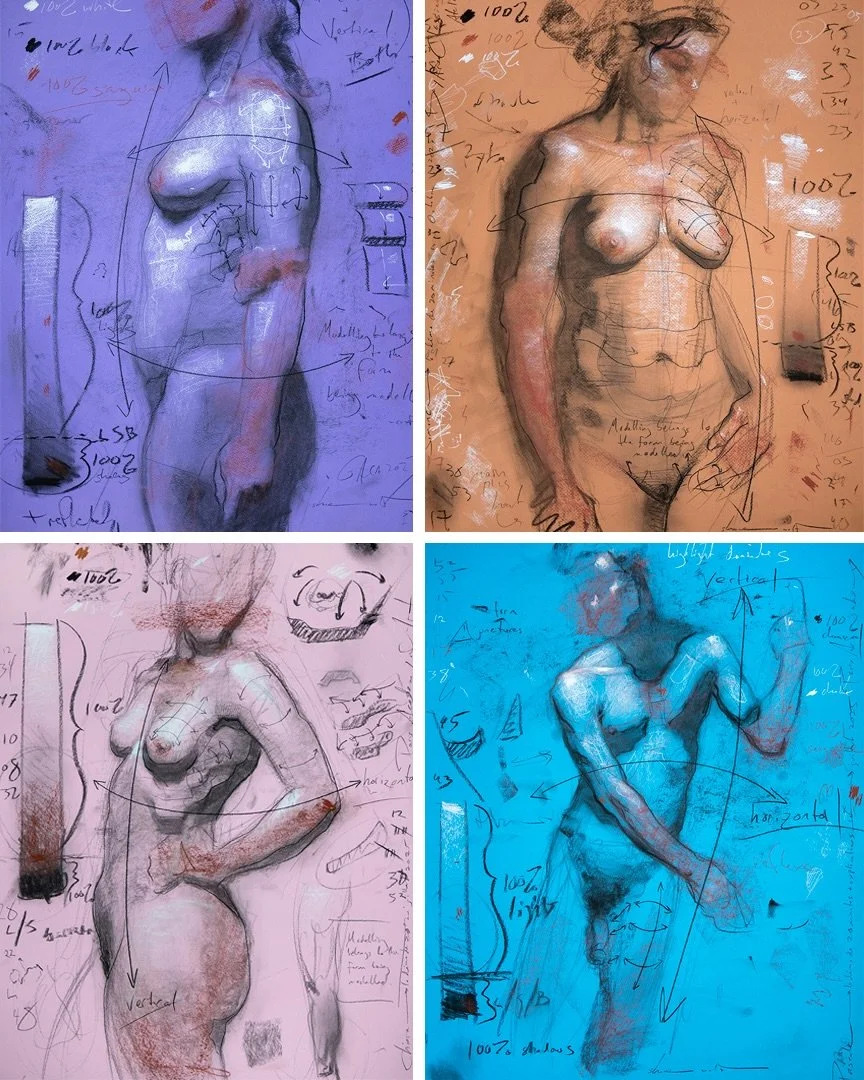 Every time I give a Trois Crayons workshop I always do these quick demos; usually about a 15-minute sketch from the model, then I keep coming back to them without the model, during breaks, adding more and more information to demonstrate my technique.