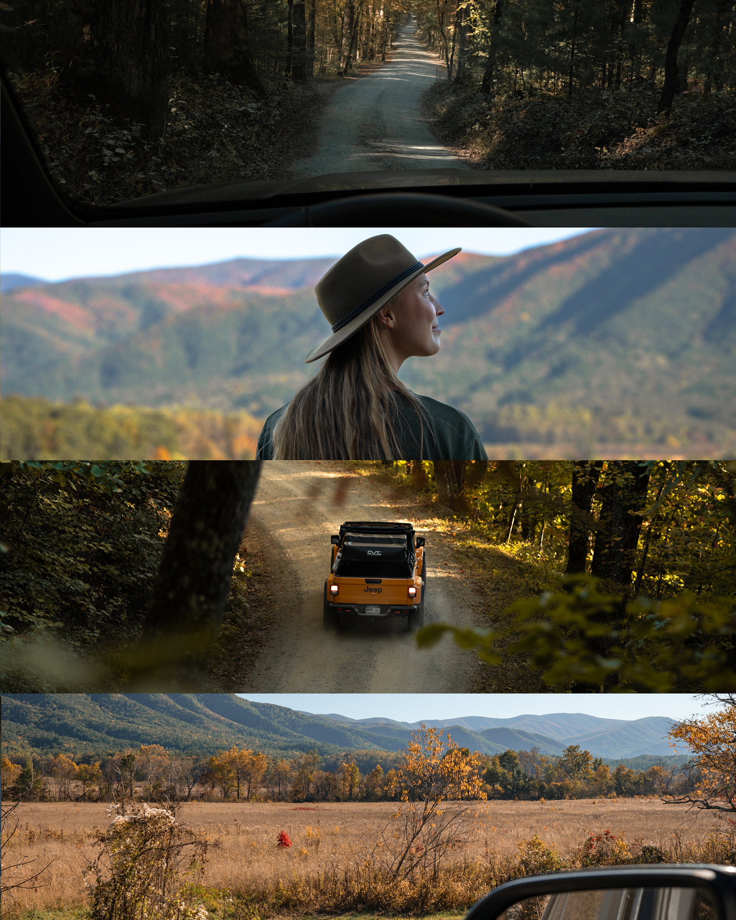 A scenic autumn landscape featuring a forested dirt road, a woman with long hair and a wide-brimmed hat looking at distant mountains, a yellow Jeep driving down a gravel path, and an open field with colorful fall foliage and rolling hills in the back