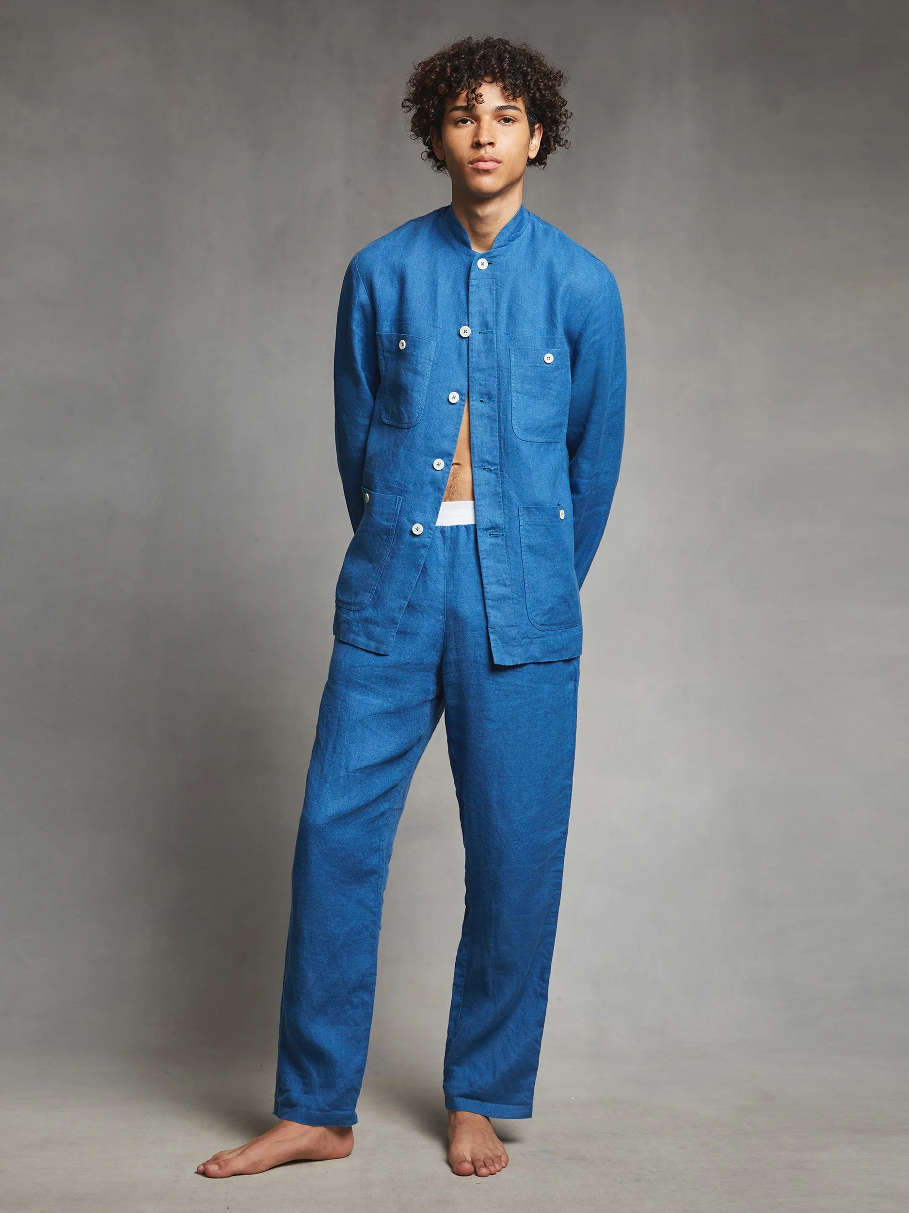 Royal Blue Linen Elastic Waist Trousers Heron's Ghyll