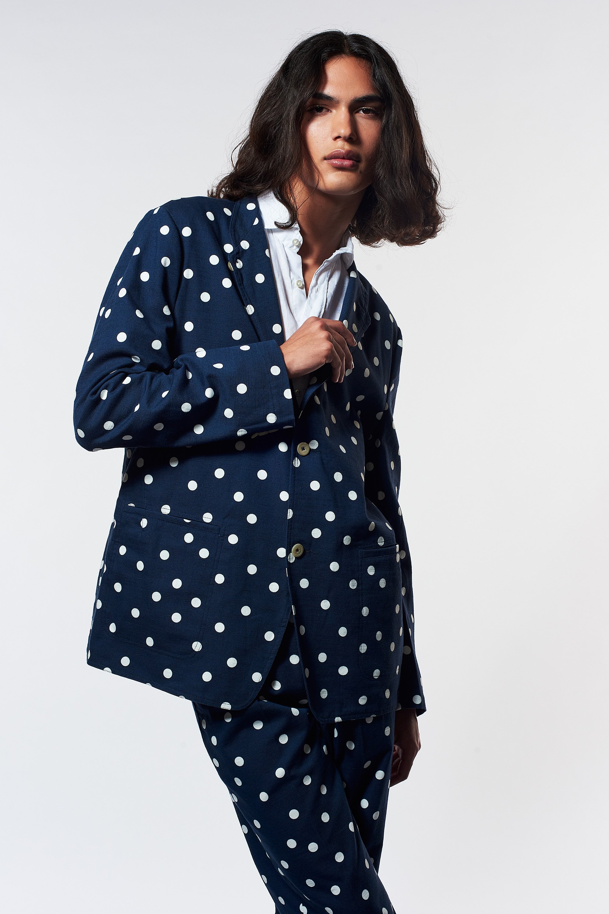 Navy Blue Polka Dot Relaxed Nehru Suit - Heron's Ghyll