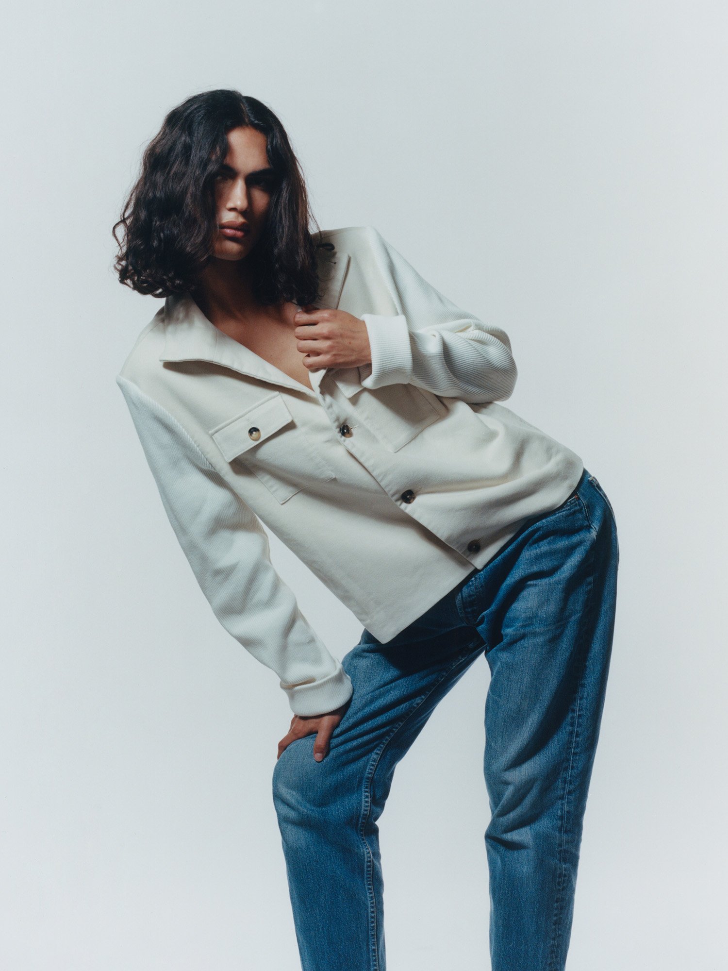 Cream Funnel Neck Jacket with Ribbed Sleeves Heron's Ghyll