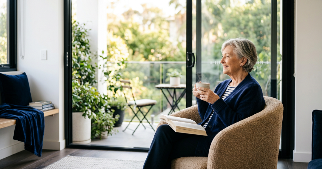 Femme âgées prenant le temps de prendre son café et lire à la retraite
