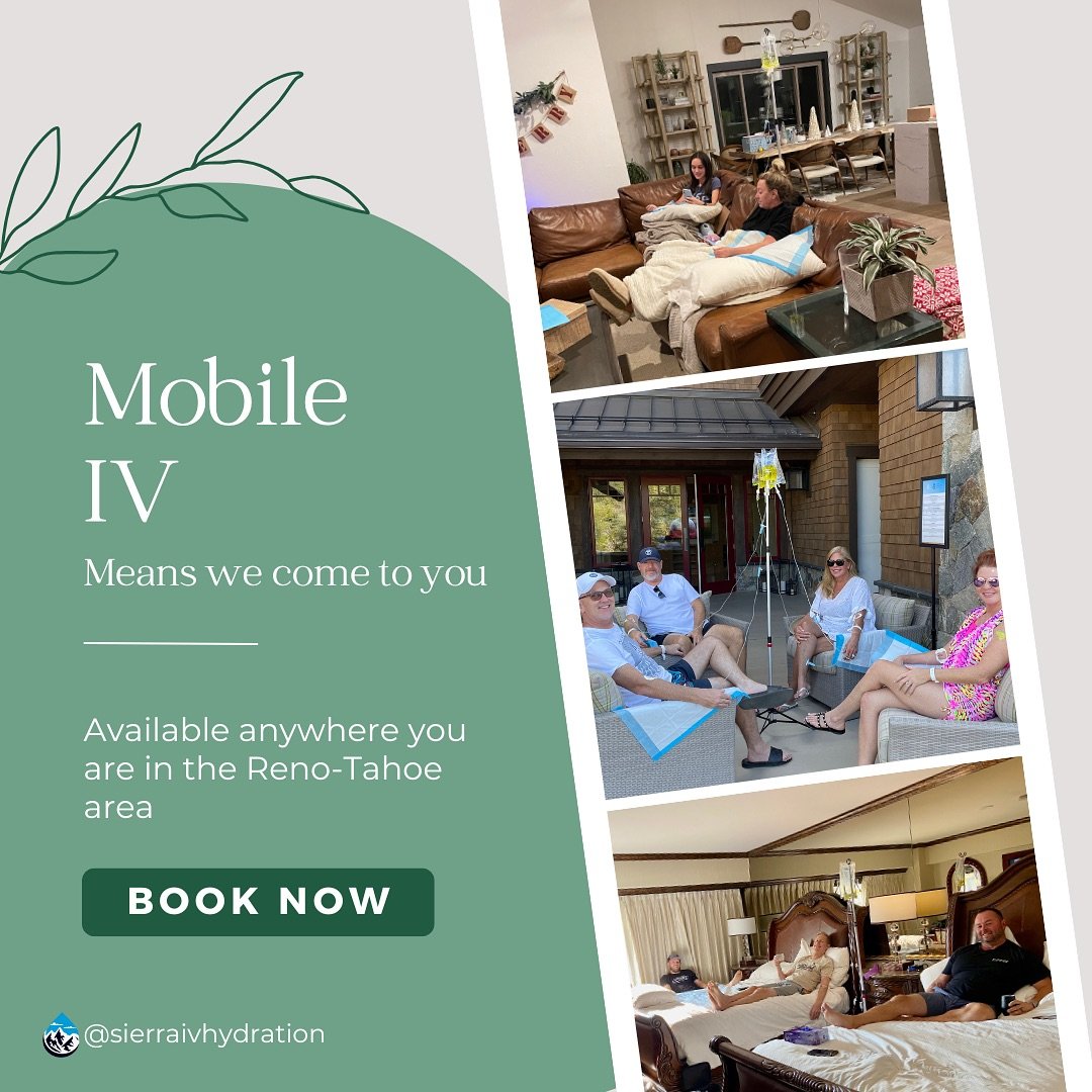 Needing IV therapy but not wanting to leave the house? We got you! Our mobile services offer IV therapy at home, the office or in your hotel room! 
#sierraivhydration #mobileiv #ivtherapy #wellness #health #renotahoe