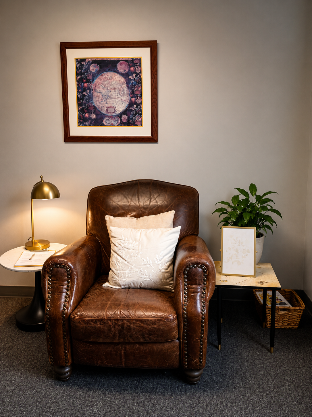 A private and welcoming therapy space designed to help clients feel comfortable, supported, and safe while exploring life's challenges and working toward meaningful change.