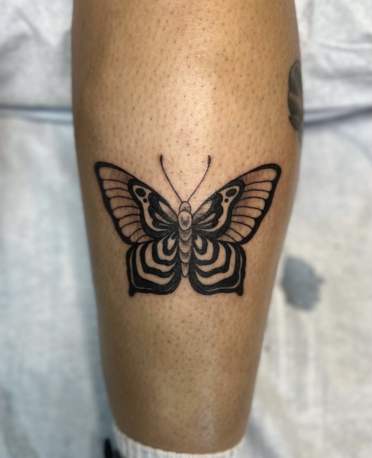 Tattoo of a butterfly with intricate patterns on a person's leg. Done at Modern Times Tattoo in Sacramento, CA.