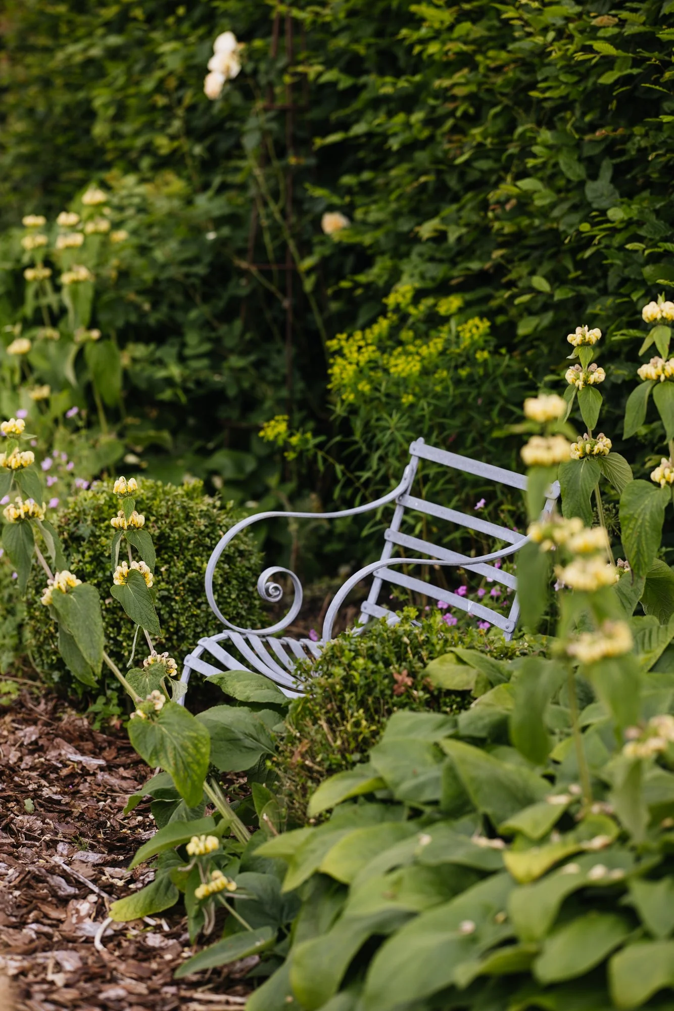 Beautiful iron seats provide a place for quiet reflection in the Kitchen Garden. 
Photo Eva Nemeth
