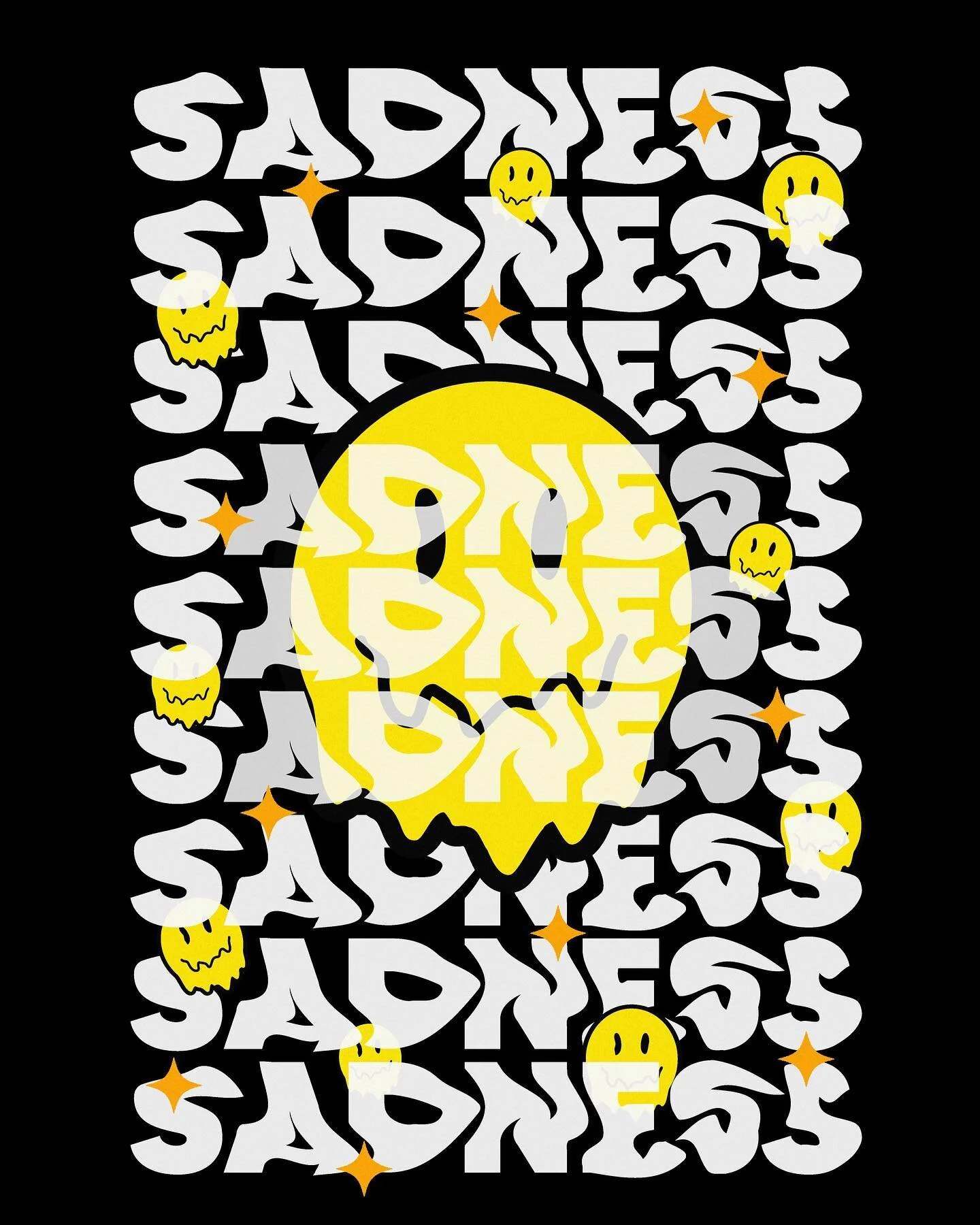 Sadness

I was playing around with the warp tool in Illustrator and I decided to warp the word Sadness. How the letter warped I felt gave a grungy look. To add to the grunge style I designed a droopy smiley face. I added stars to for another element 