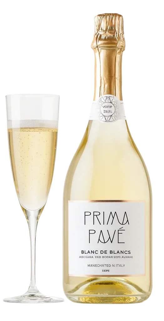 A bottle of Prima Pavé Blanc de Blancs sparkling wine next to a filled champagne flute with bubbly, set against a white background.