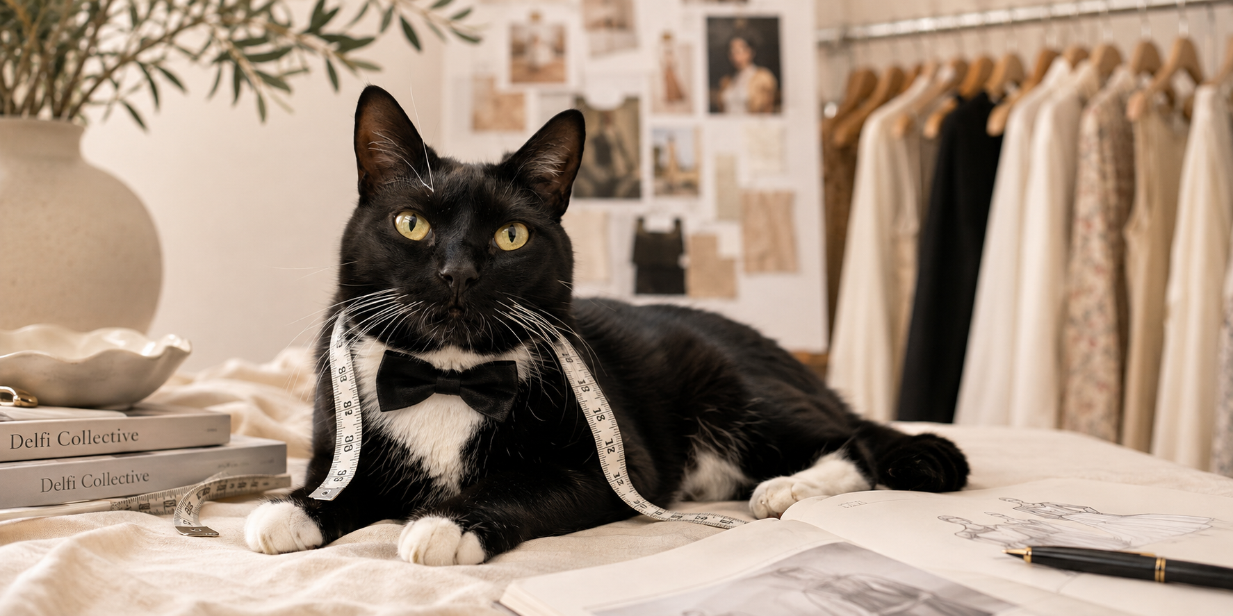 Tuxedo cat fashion director in a neutral design studio representing the custom Delfi Collective Shopify website