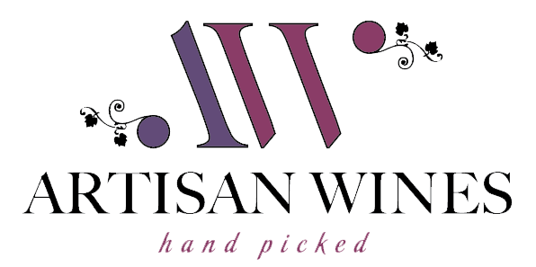 Logo for Artisan Wines featuring stylized wine glass and swirl designs, with the text "ARTISAN WINES" and the tagline "hand picked".