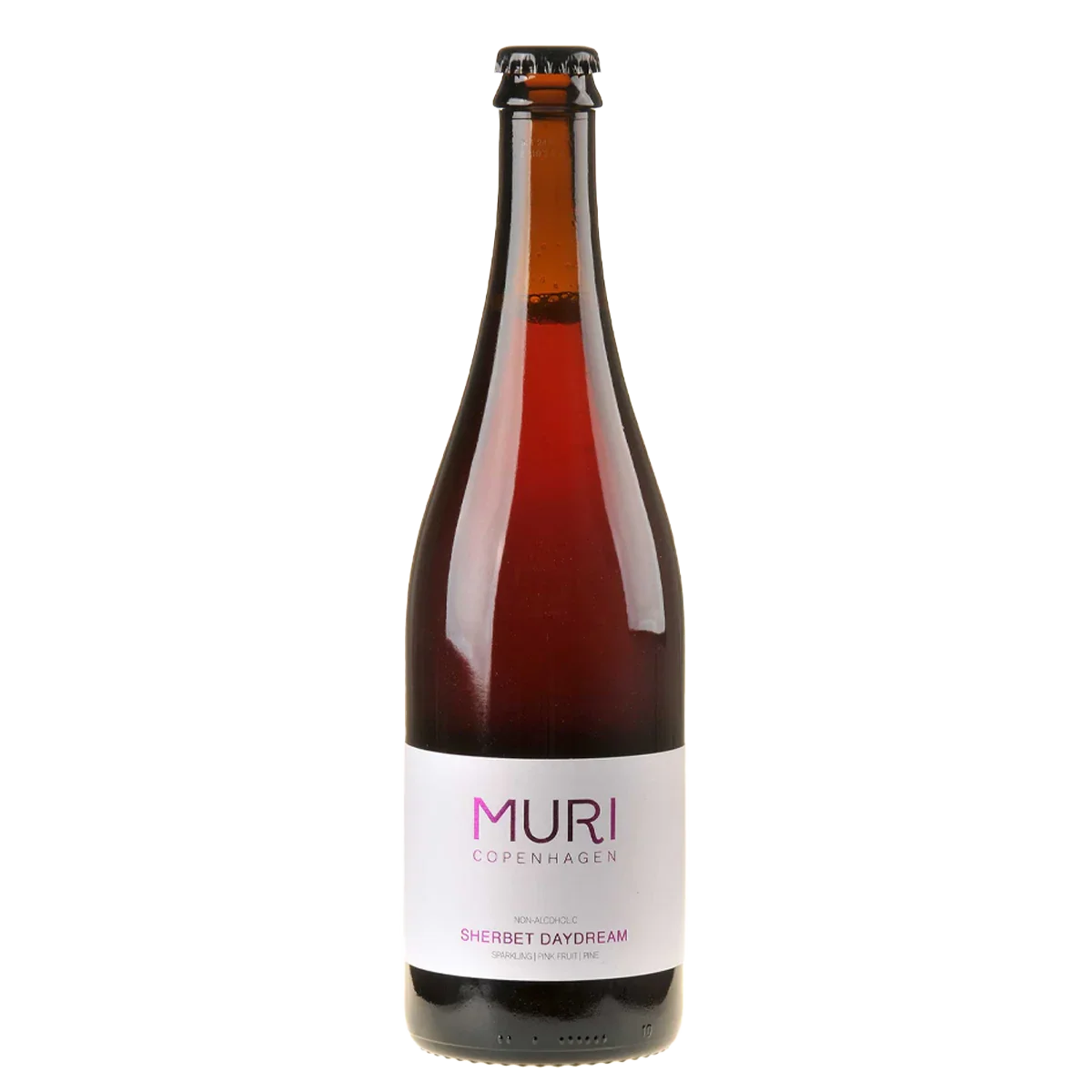A brown glass bottle of Muri Copenhagen non-alcoholic sparkling pink fruit pine Sherbet Daydream soda.