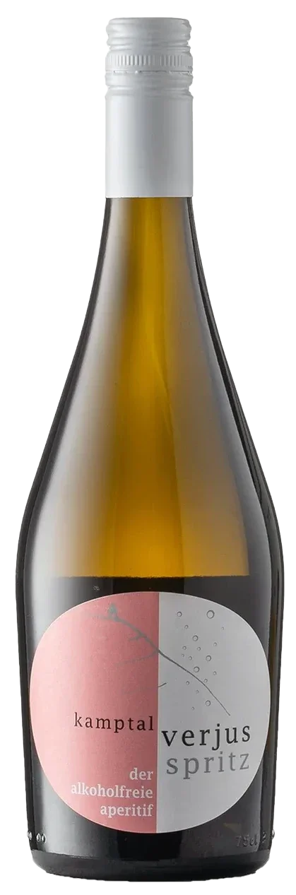 A brown glass bottle with a white cap and a round label featuring pink and white segments, with the text