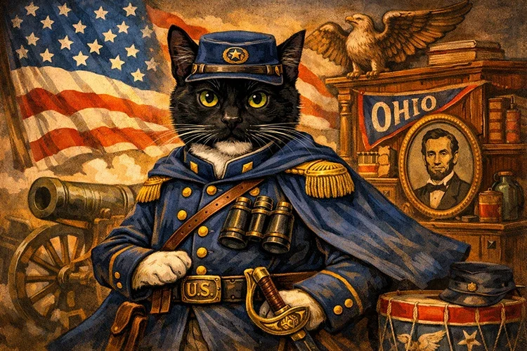 Merle the tuxedo cat dressed as a Union Civil War general in an Americana-inspired illustration for the US Folk Art website redesign blog