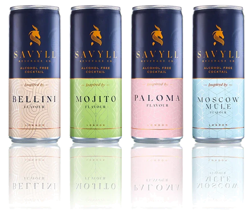 Cans of Savvyl alcohol-free cocktails in four flavors: Bellini, Mojito, Paloma, and Moscow Mule.