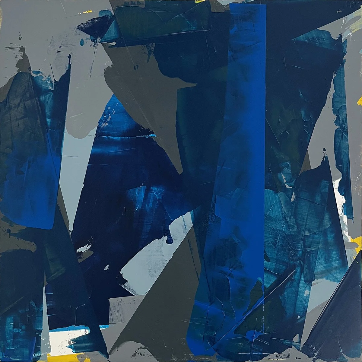 blues. an abstract painting by peter scherrer. 16w x 16h. acrylic on wood.