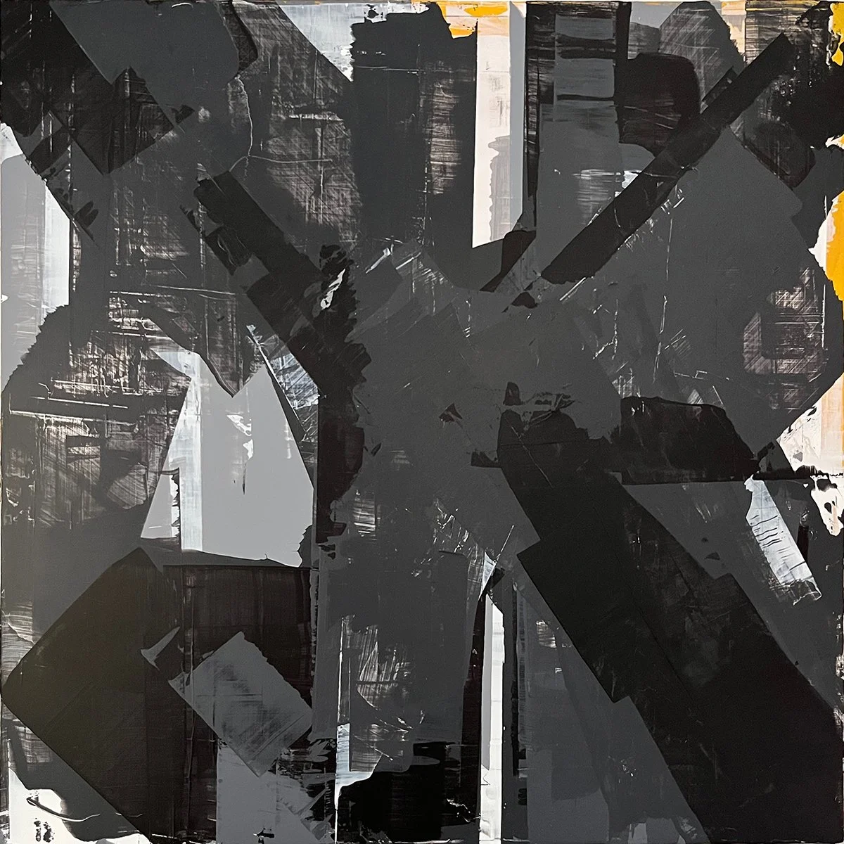crossing. an abstract painting by peter scherrer. 16w x 16h. acrylic on wood.