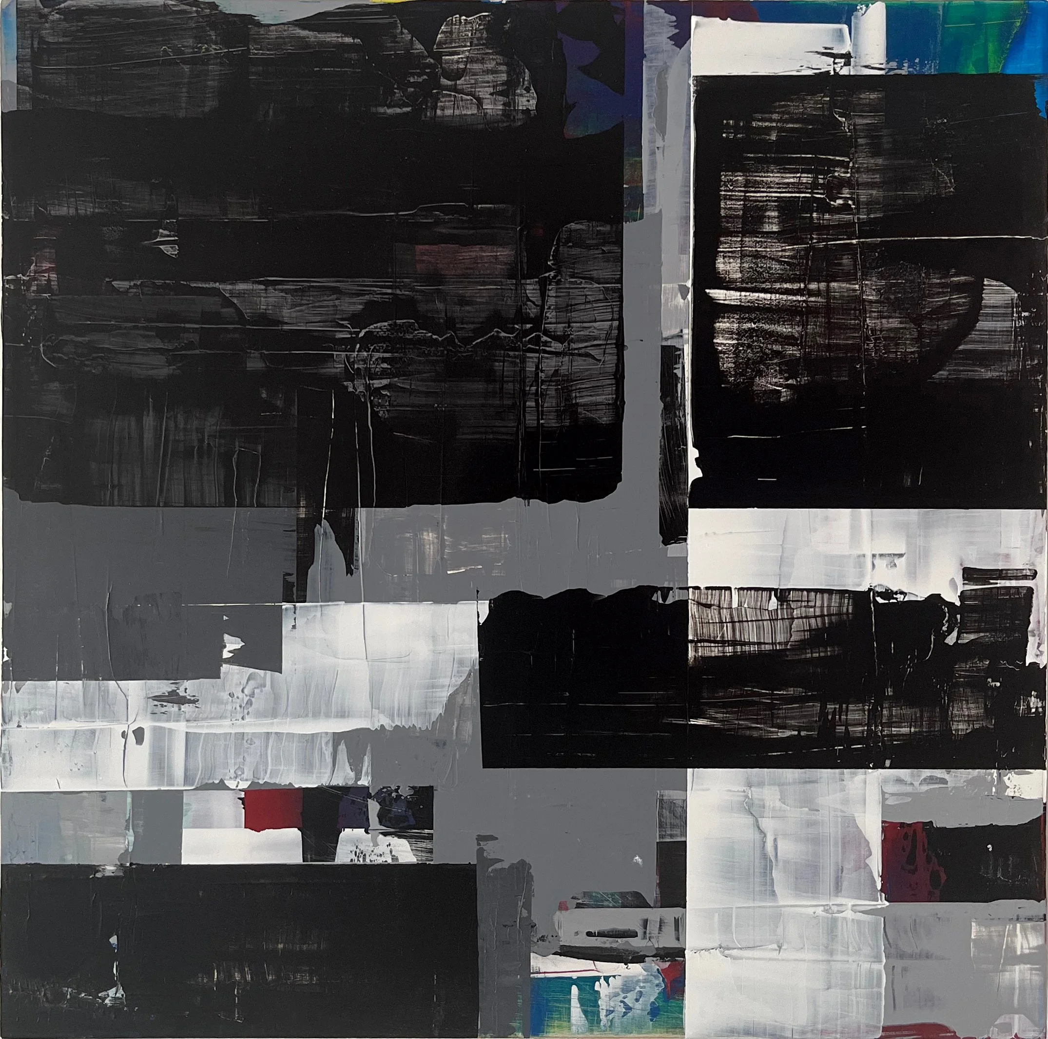 an abstract painting by peter scherrer on a wood panel.