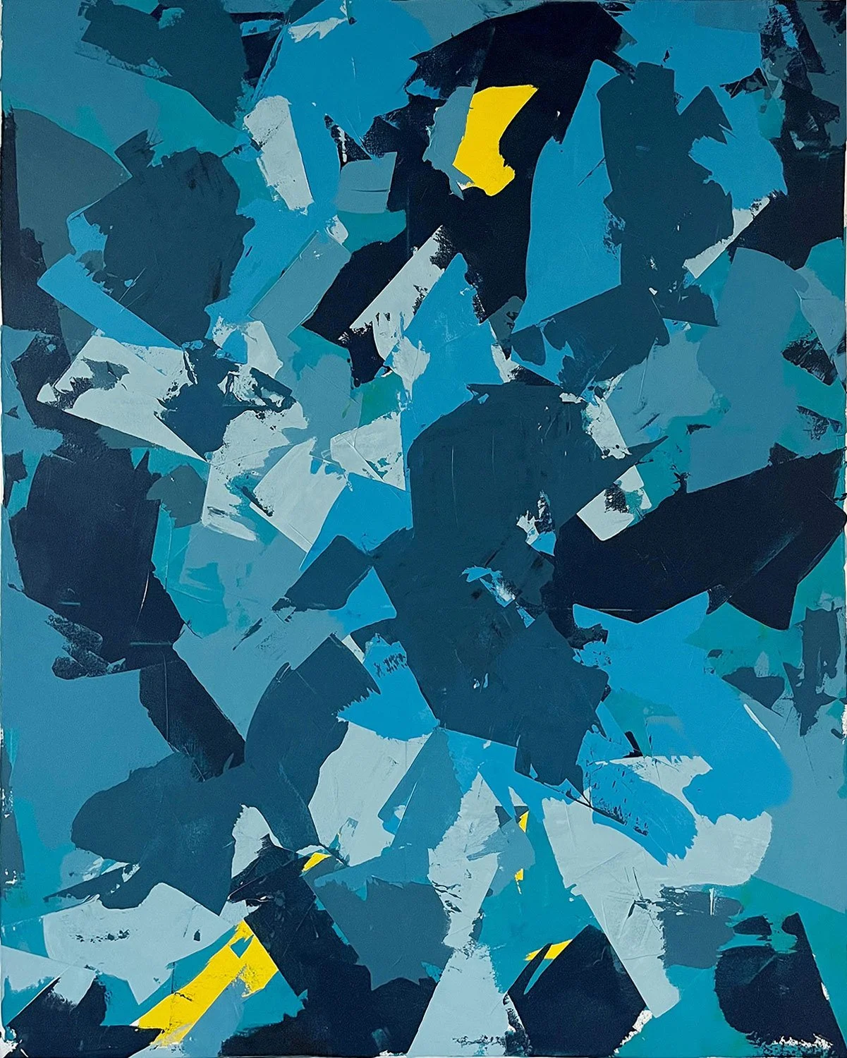 scherrer - blues, acrylic on canvas painting. Various shades of blues with some sparks of yellow coming through.