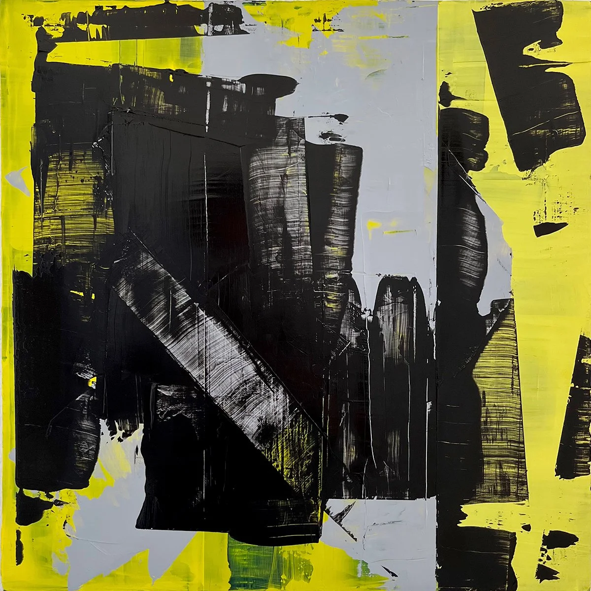 do-not-cross. an abstract painting by peter scherrer. 16w x 16h. acrylic on wood.