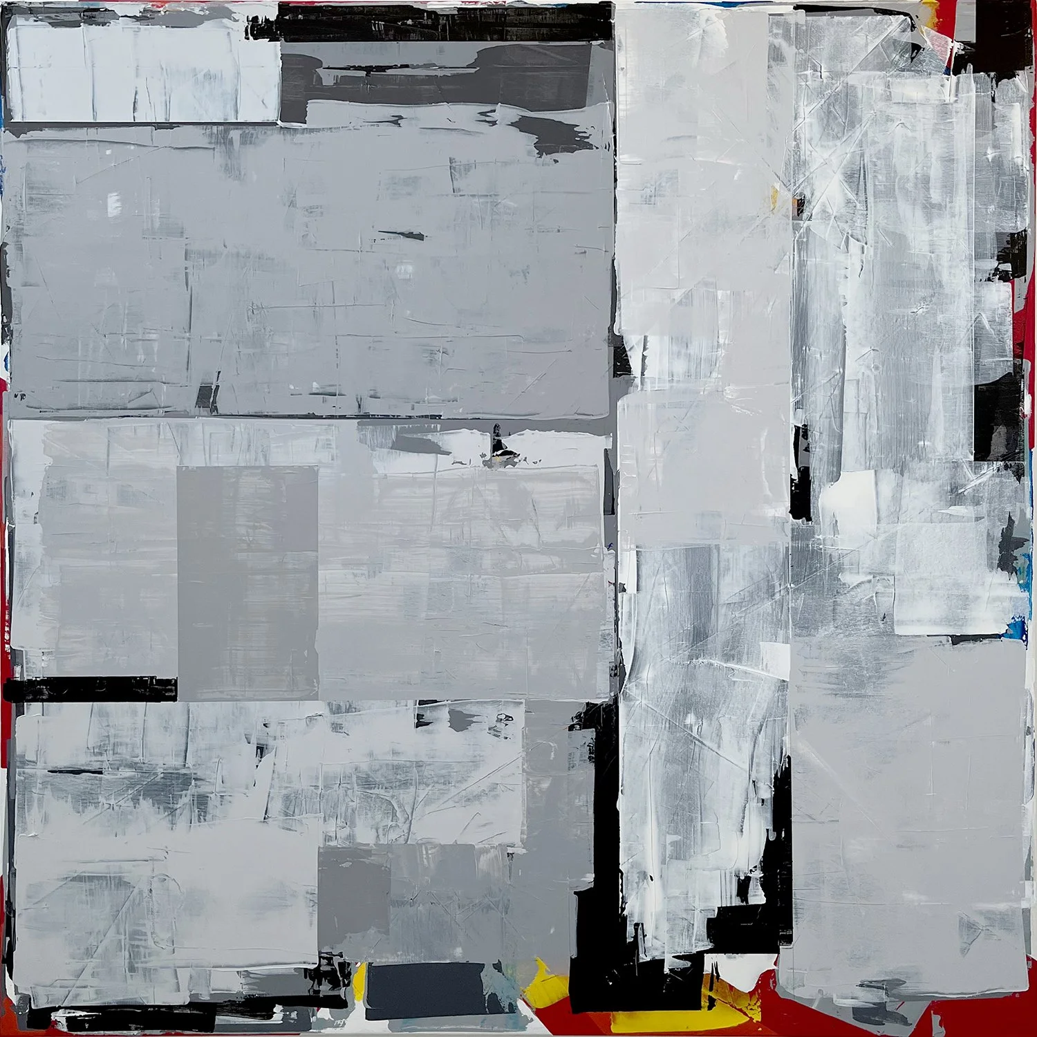 Various blocks of neutrals cover up the layers that started this canvas, with a few remnants of the past still visible.