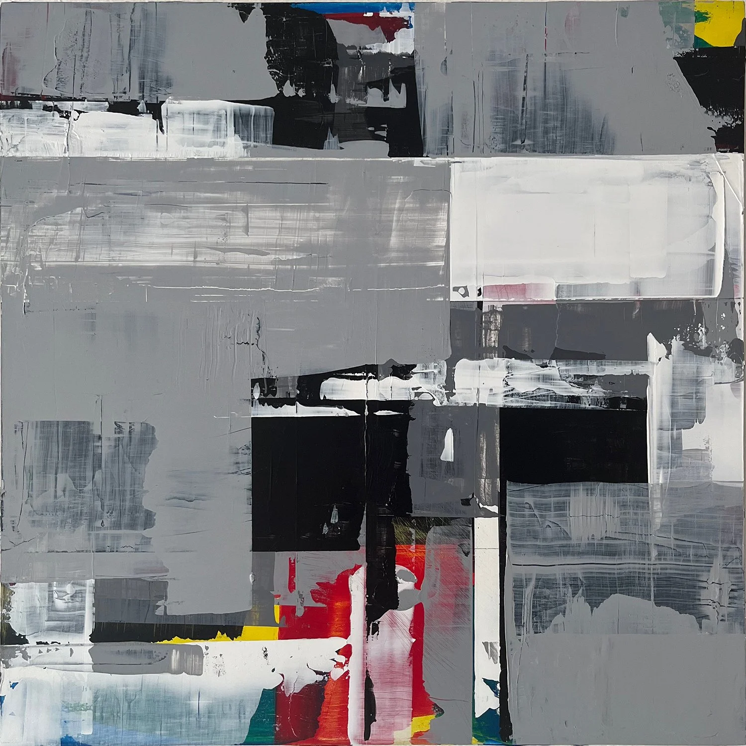 An abstract painting by Peter Scherrer on wood.