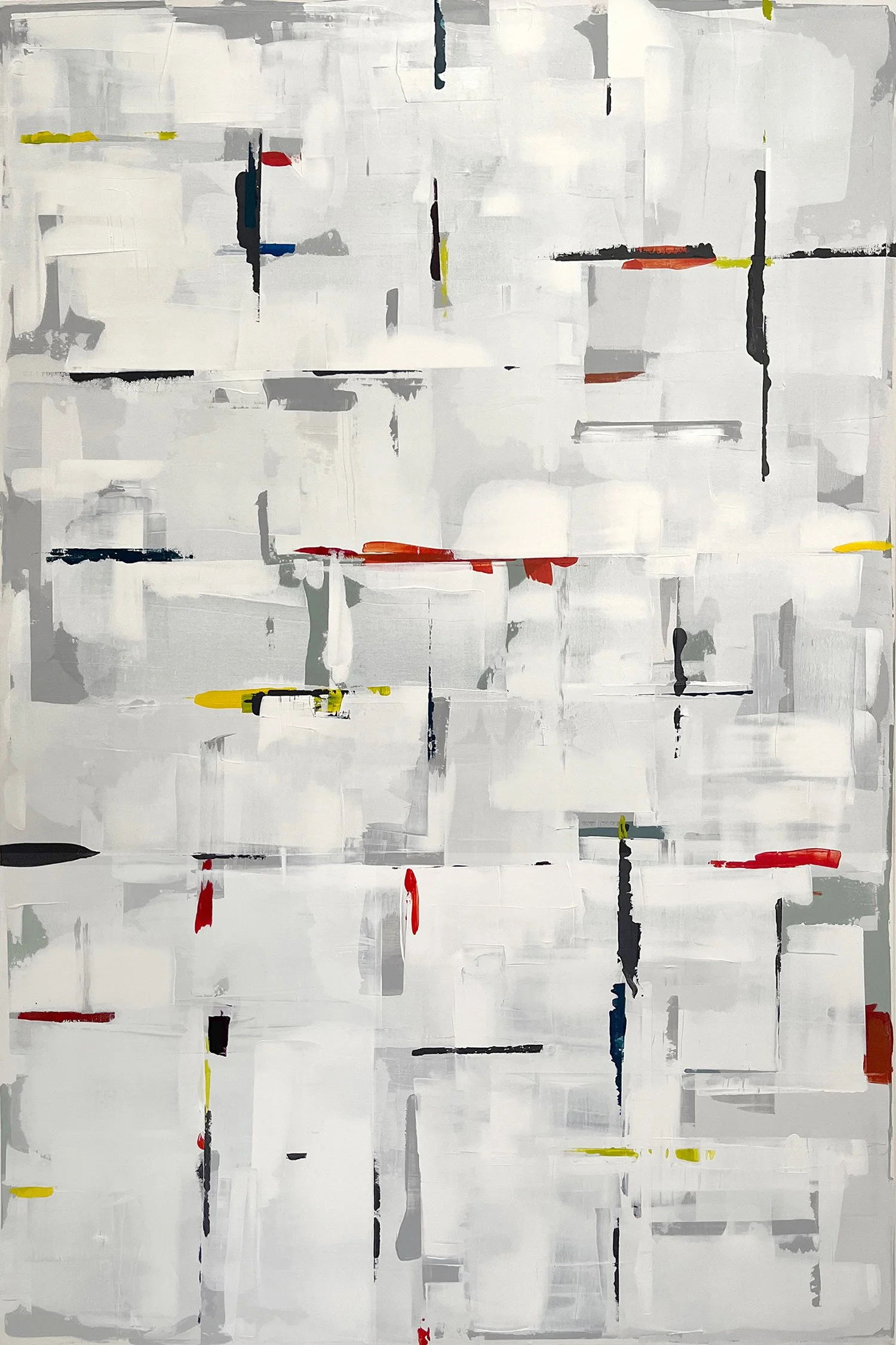 an abstract painting on canvas. mainly white and grays with a grid adding accent colors and providing structure.