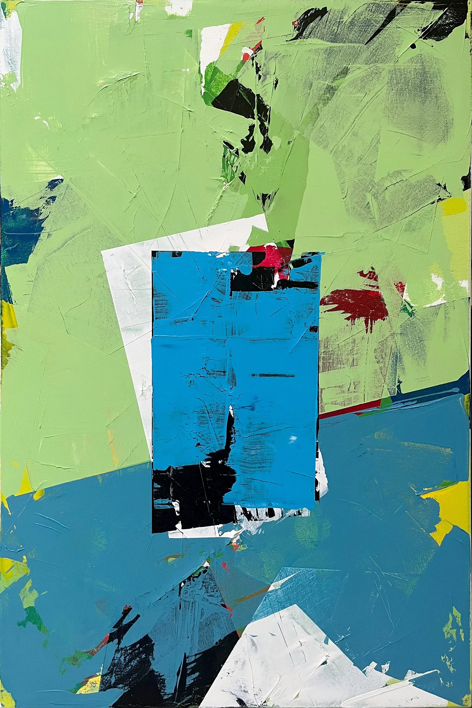 an abstract acrylic painting with a block in the center that has a white shadow at an angle behind it.