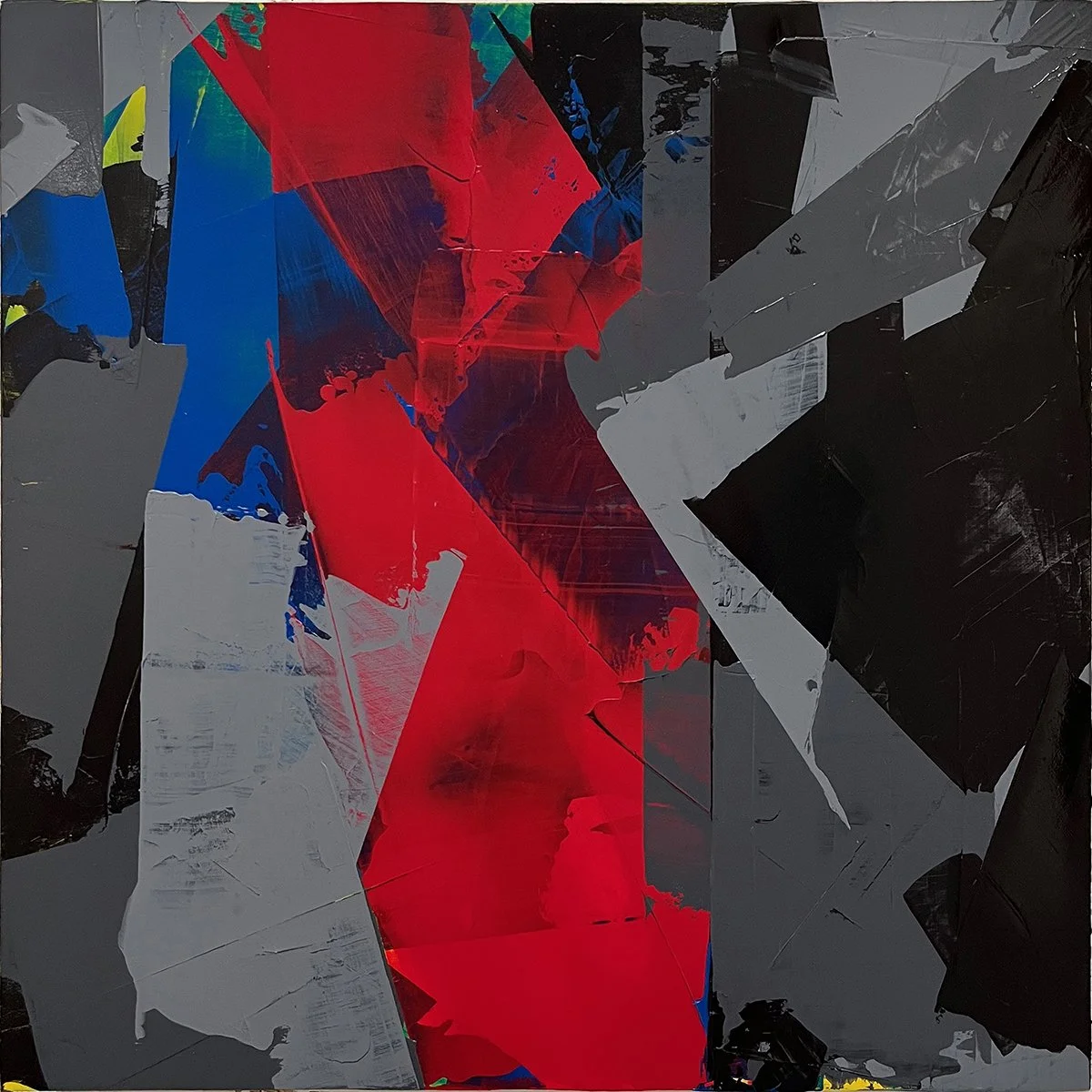 red. an abstract painting by peter scherrer. 16w x 16h. acrylic on wood.