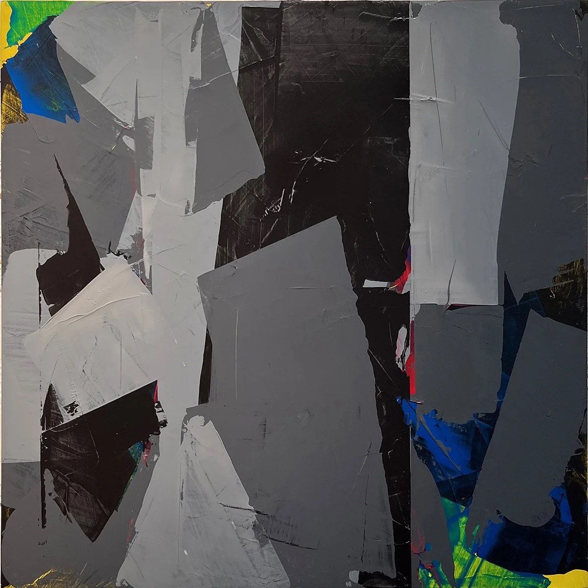 mostly gray. an abstract painting by peter scherrer. 16w x 16h. acrylic on wood.