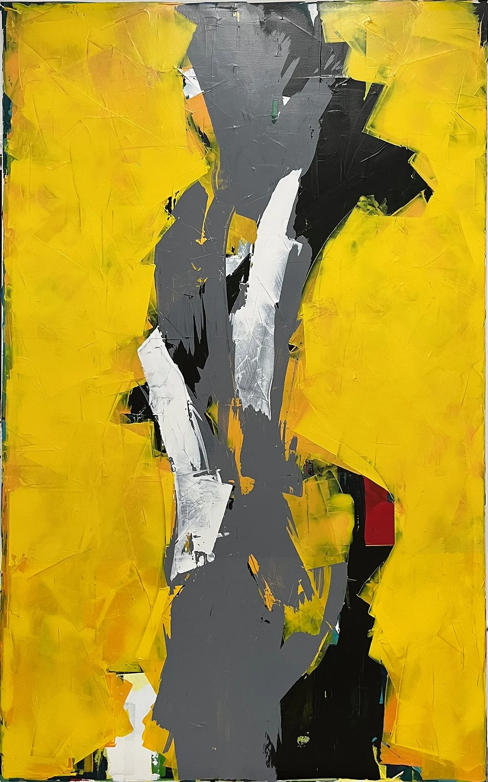 large yellow painting with a lot of movement in gray and white. red accent. viewers have commented of seeing a dancer in the work.