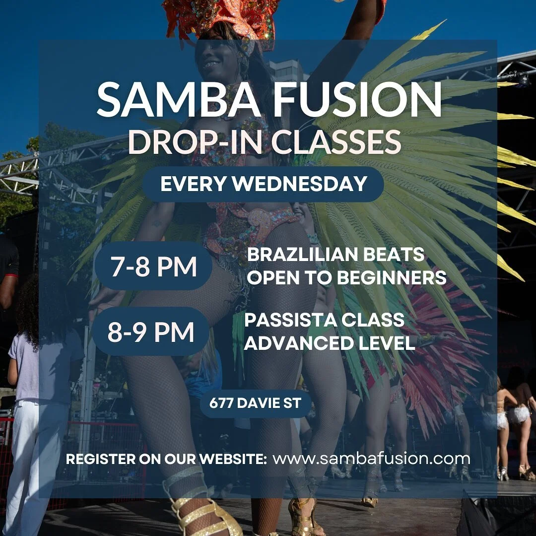 Samba Fusion drop-in class schedule!! ❤️💃

If you are planning to come every week we have bundles available on our website, click the link in our bio to check it out! 🤗💃✨

#braziliandance #brasileirosemvancouver #vancouverparabrasileiros #latindan