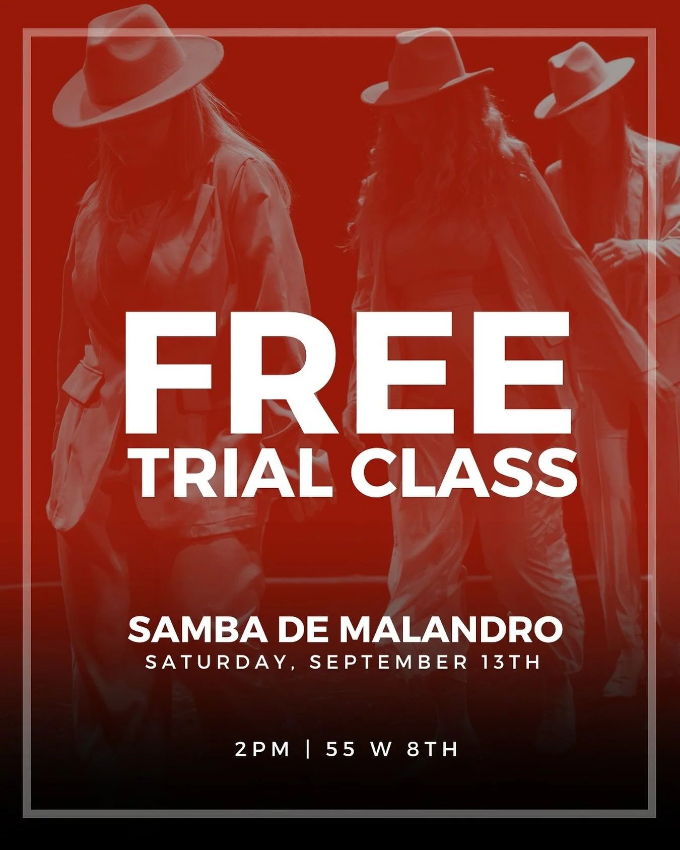 🆓 FREE FIRST SAMBA DE MALANDRO CLASS!! Try out for free 🥁 SAMBA DE MALANDRO PERFORMANCE CHALLENGE 🇧🇷 Join us for a 6 weeks progressive program 👉 Saturdays, 2pm | September 13-October 25 | 55 W 8th | Passion &amp; Performance Studio

The Session: