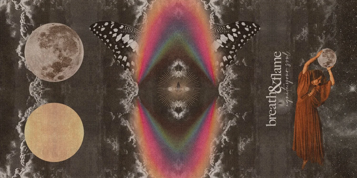 A mystical collage featuring the moon and sun on the left, butterfly wings, colorful rainbow-like patterns, and a woman in a striped dress holding a smaller moon in her hand on the right, with the words "breathe &flame" and "your story" written beside her, all set against a dark sky background.