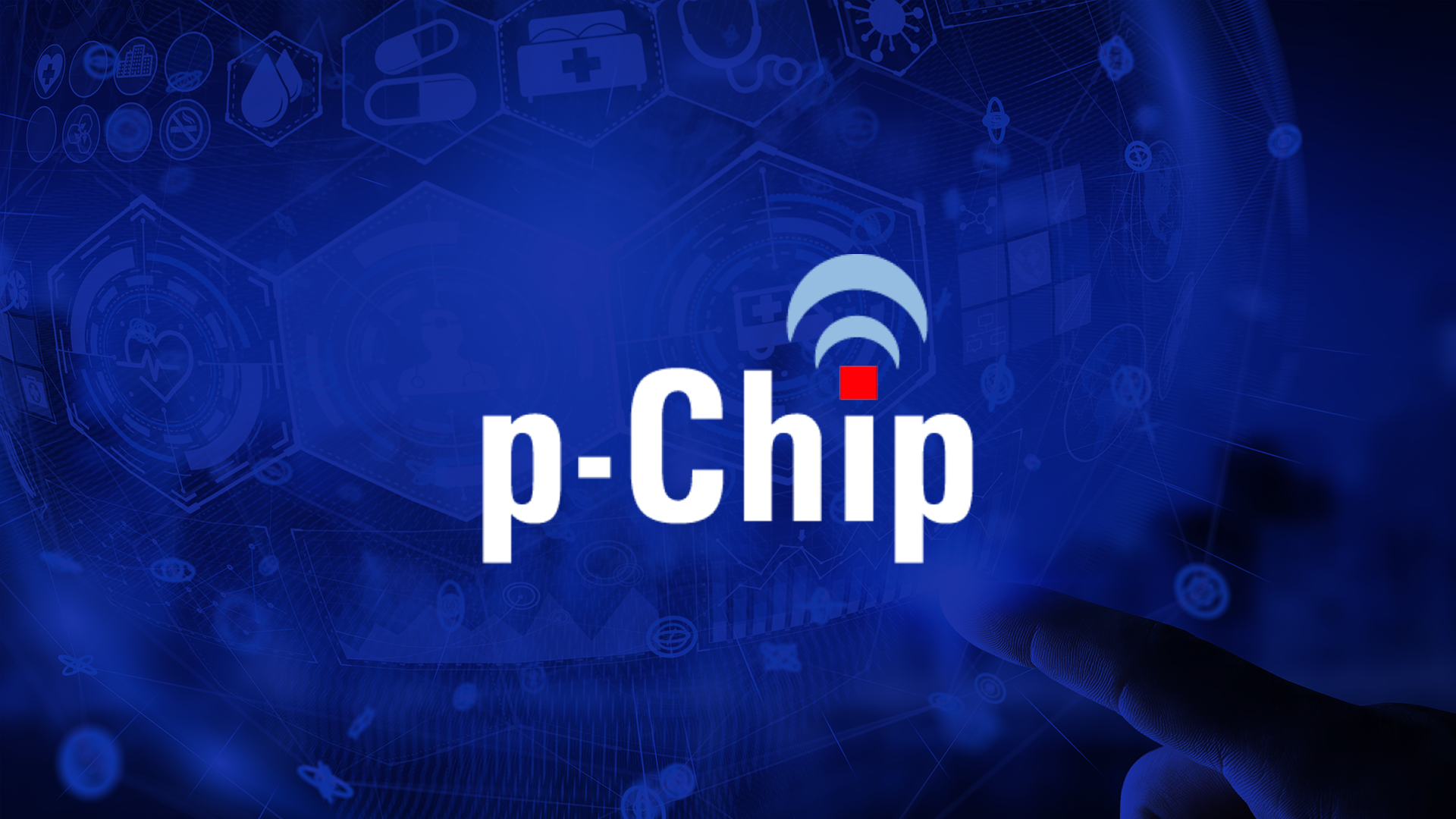 Digital graphic with a finger pointing to the text 'p-Chip' against a blue technological background featuring medical and technology icons.