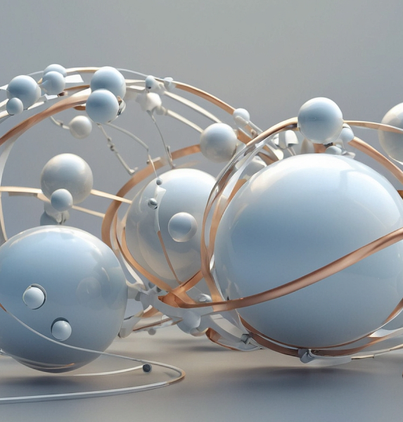 Abstract digital art featuring interconnected white and metallic spheres and curved lines.