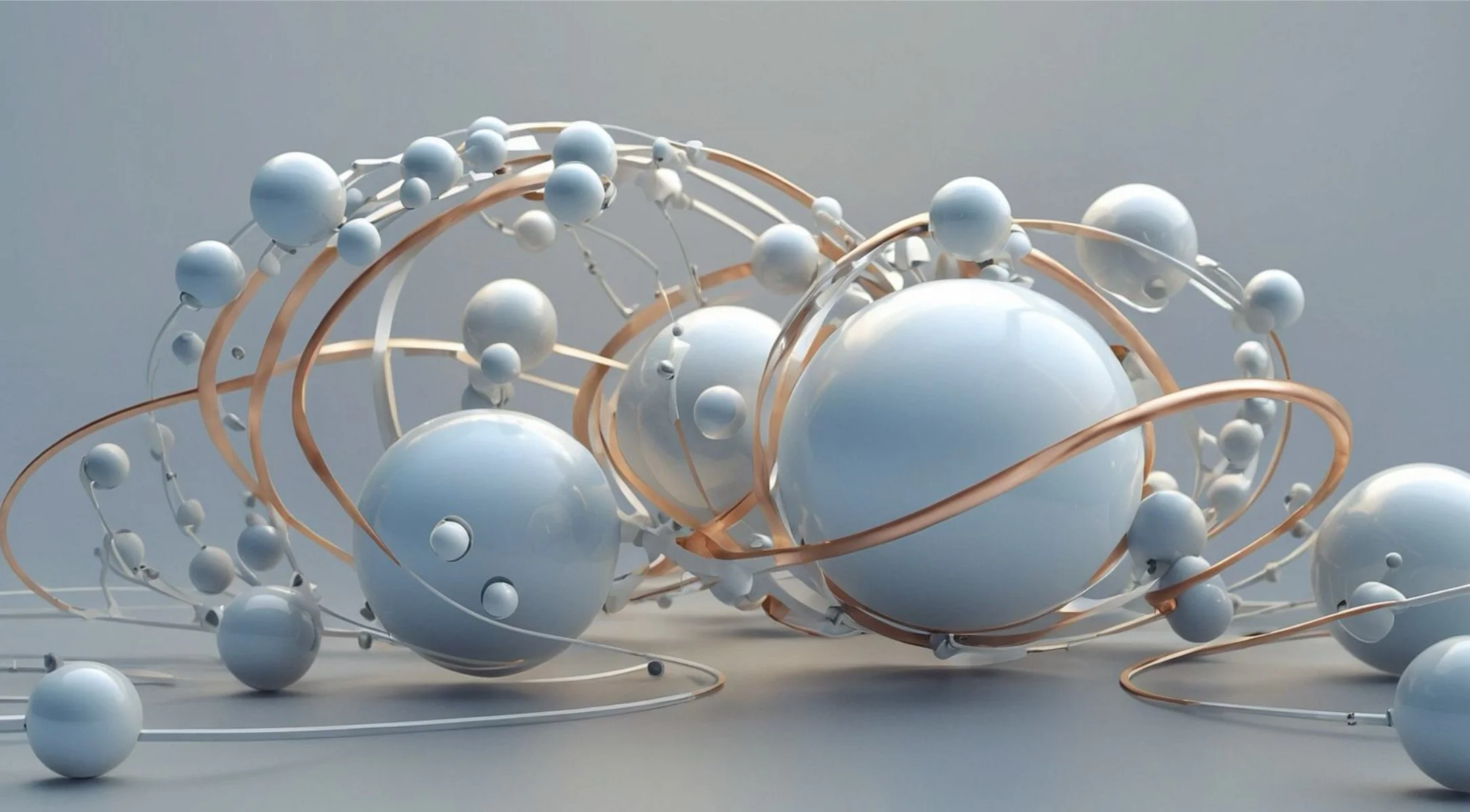 Abstract 3D digital art featuring large white spheres and smaller spheres connected by copper and white wires.