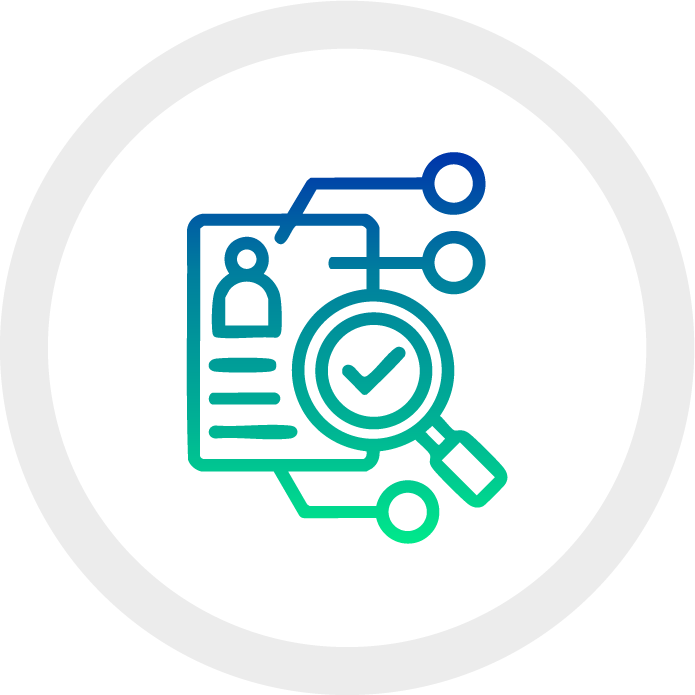 Icon of a resume or profile document with a magnifying glass and checkmark, representing background check or verification process.