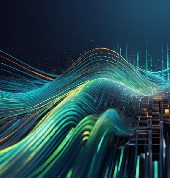 Abstract digital waves with glowing lines and a grid background.